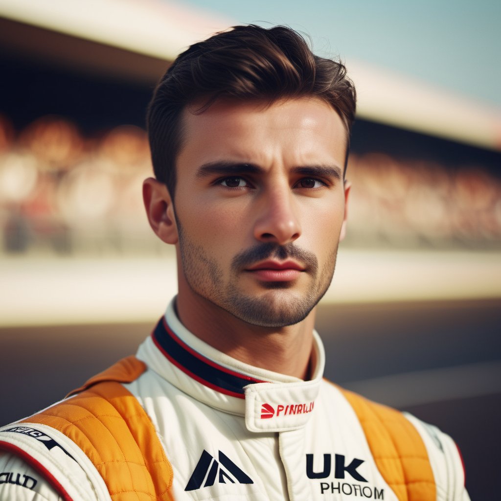 30 years old man, f1 racer, wearing nomex suit, handsome, thick eyebrows, brown hair, hairy, facial hair,  crooked nose, cute, 1990s, varsity, f1, Max Bogoss, 
8k, 4k, cinematic lighting, very dramatic, very artistic, soft aesthetic, realistic, masterpiece, ((perfect anatomy): 1.5), best resolution, maximum quality, UHD, life with detail, analog, cinematic moviemaker style