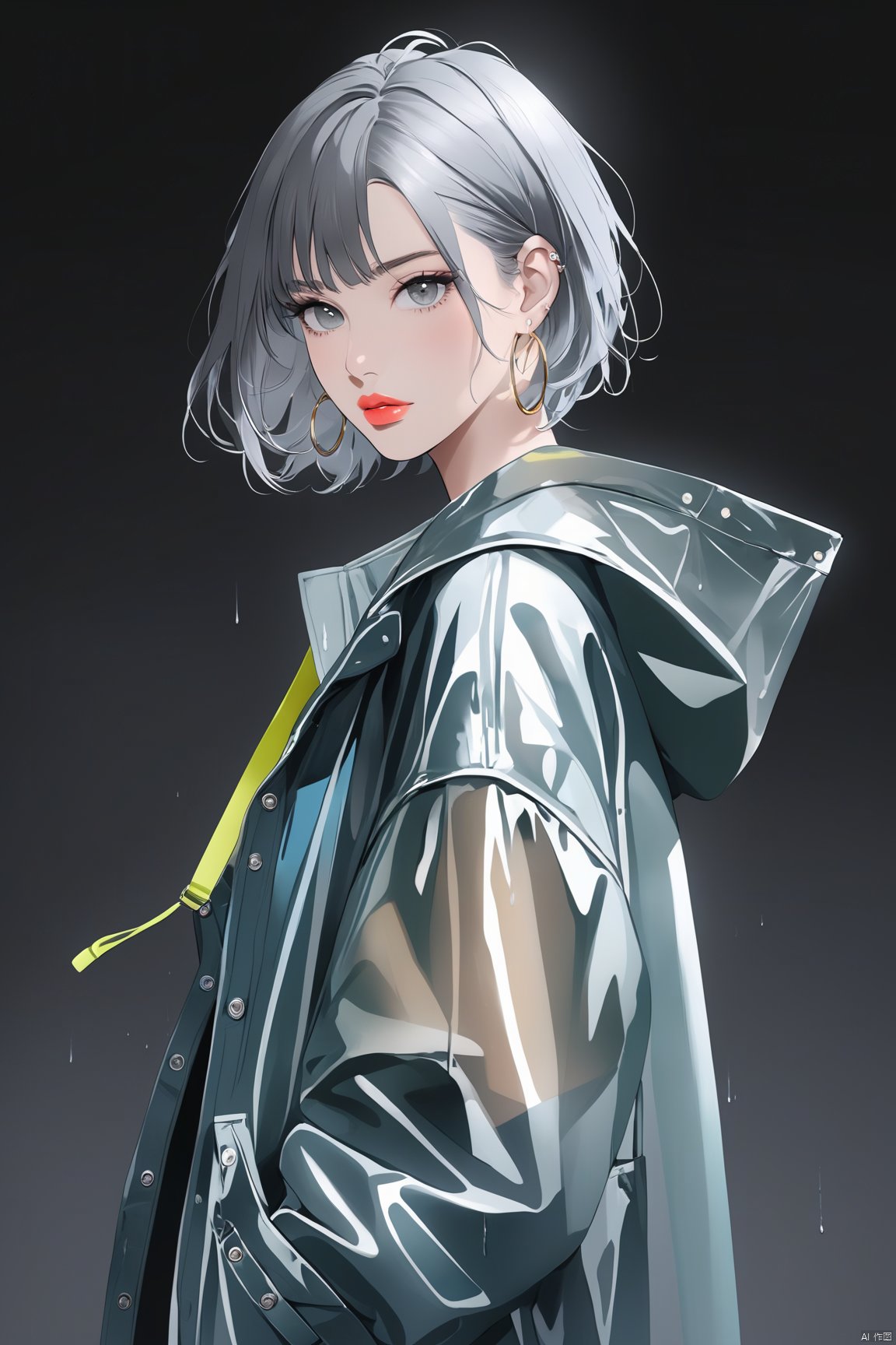 asterpiece,(masterpiece, top quality, best quality),solo, 1girl, earrings, jewelry, black background, hood, looking at viewer, hood up, simple background, cowboy shot, see-through, hand in pocket, jacket, short hair, bag, coat, raincoat, long sleeves, lips, multicolored hair, hoop earrings, grey eyes