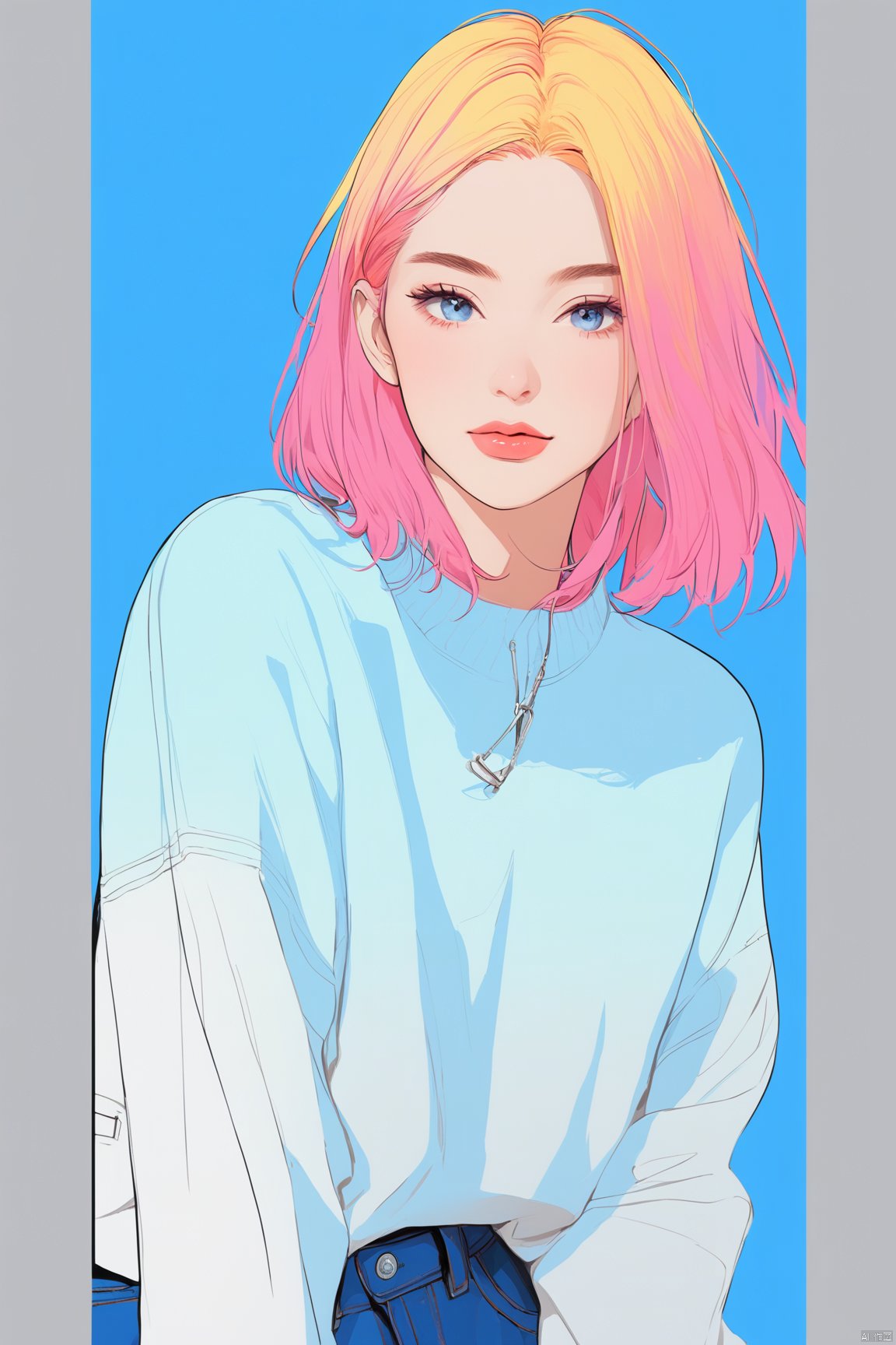 niji, anime ,realistic ,sketch, 1girl, lip, Sweater,order, Blue gradient background, Neon hair,Textured crop, Canadian , masterpiece,best quality,