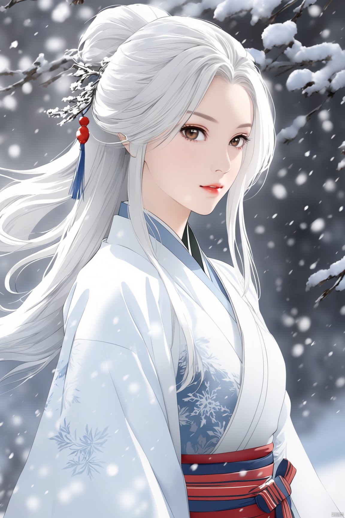 niji, anime ,realistic ,sketch, Snow,outdoor,white hair,1girl,upper body,hanfu,looking at viewer,hand on hip,