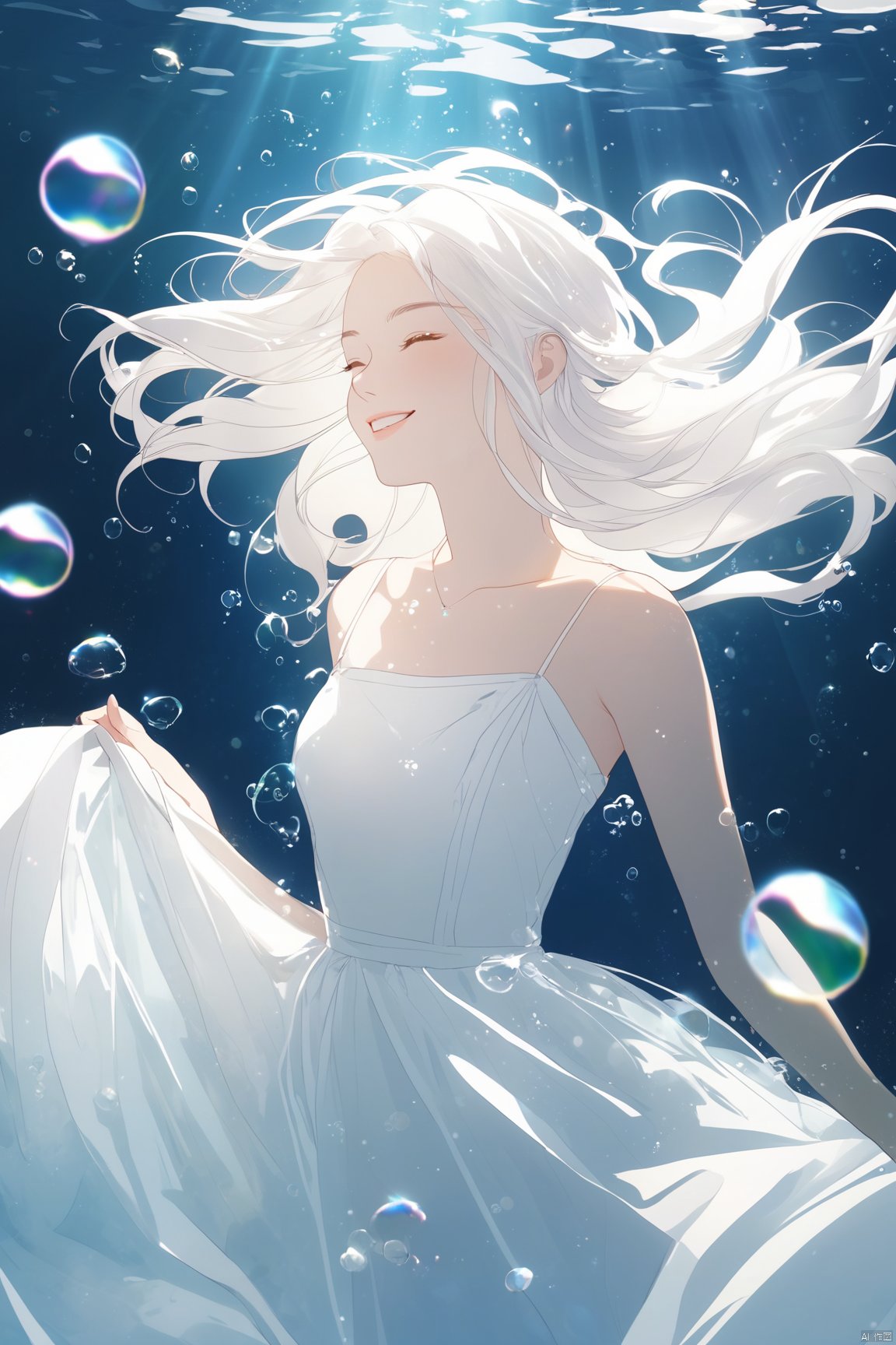 ((best quality)),((masterpiece)),realistic,((flat color)),1girl,glowing,light particles,(underwater),looking at viewer,smile,jewelryclosed eyes,white hair,solo,((bubble)),long hair,air bubble,sunlight,swimming,(white dress),Pretty face,((White skin)),sparkle,shiny hair,transparent,shiny,(light rays),spaghetti strap,