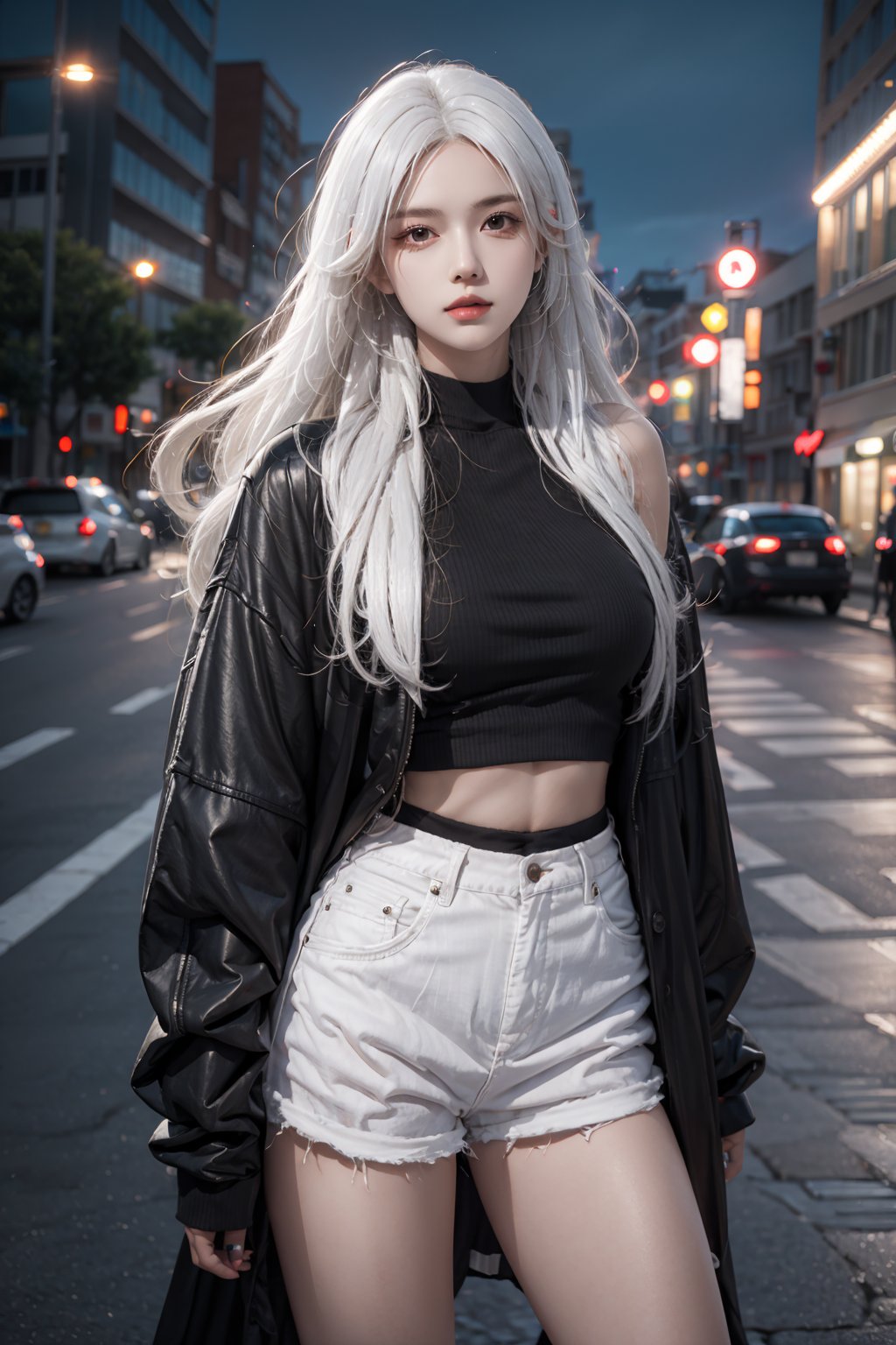 1girl,solo,masterpiece, realistic, best quality, ultra detailed,hip up,white hair BREAK, long_hair, street wear, night