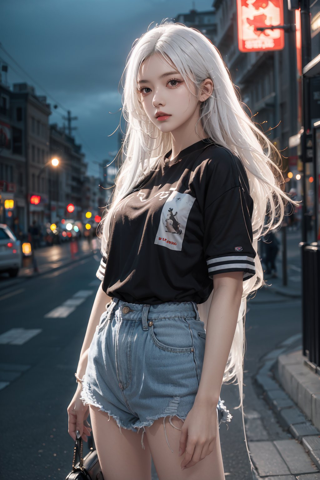 1girl,solo,masterpiece, realistic, best quality, ultra detailed,cowboy_shot ,white hair BREAK, long_hair, street wear, night