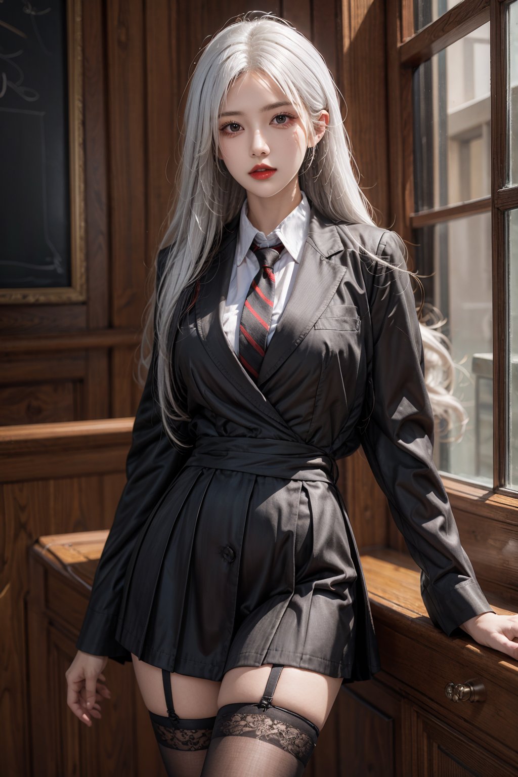 1girl,solo,masterpiece, realistic, best quality, ultra detailed,cowboy_shot ,
white hair BREAK
red lips BREAK
long_hair, school_uniform, stockings