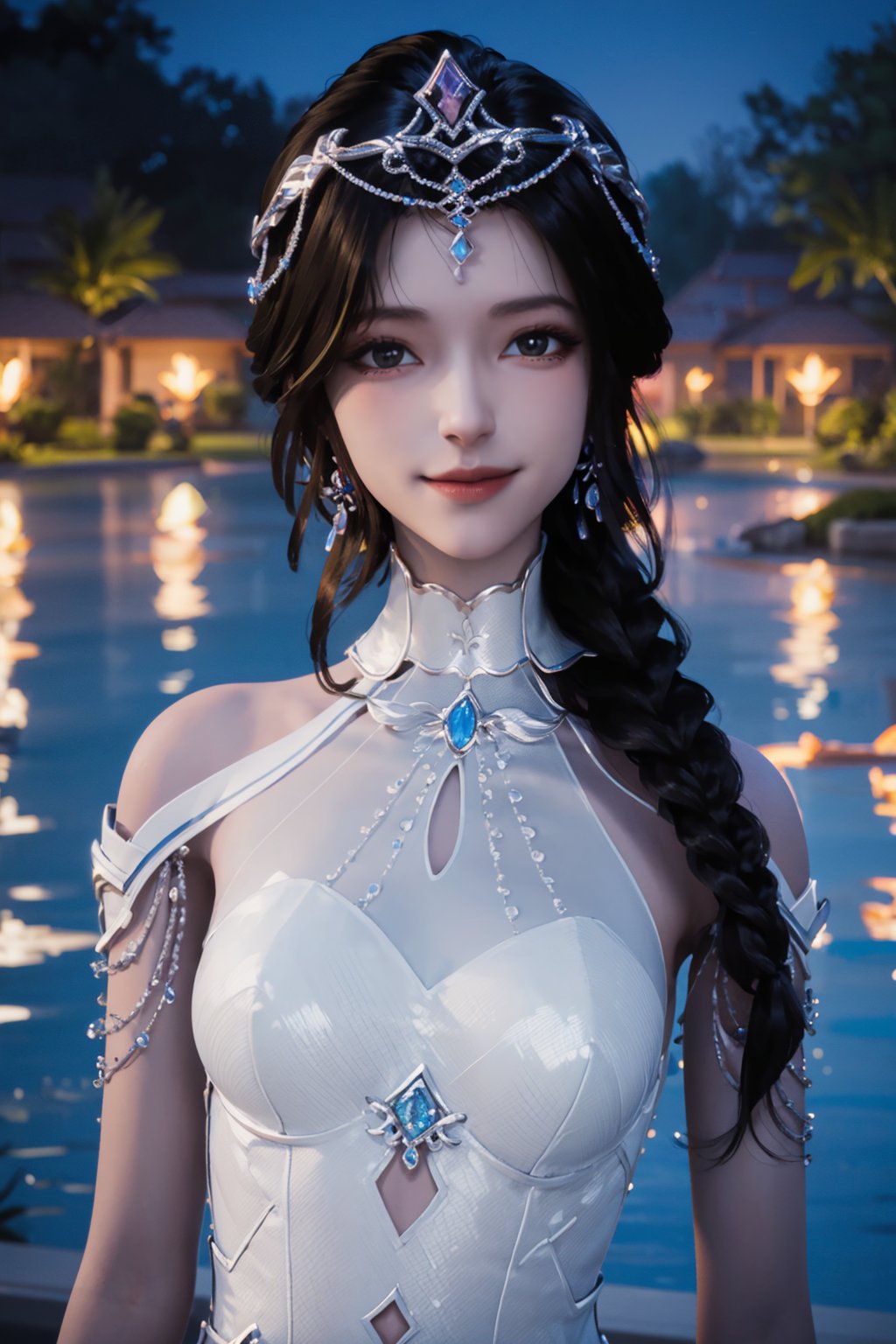 1girl, solo, long hair, breasts, looking at viewer, smile, black hair, dress, jewelry, closed mouth, upper body, braid, earrings, outdoors, sky, water, white dress, single braid, covered navel, night, tiara, pool,