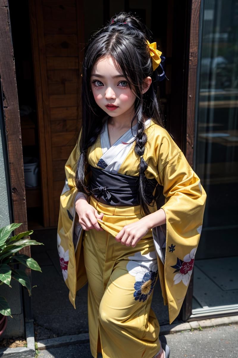 High detailed,  masterpiece,  best quality,  8K,  highres,  Han4bi_yng,  black hair,  very long hair,  white eyes,  japanese clothes,  yellow clothes,  kimono,  hair over one eye,  ((kid girl)),<lora:EMS-179-EMS:0.800000>,<lora:EMS-300000-EMS:0.600000>