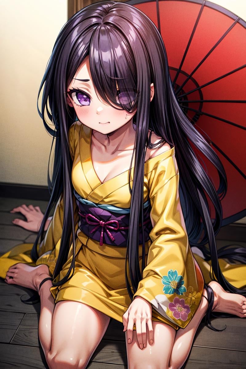 High detailed,  masterpiece,  best quality,  8K,  highres,  Han4bi_yng,  black hair,  very long hair,  purple eyes,  japanese clothes,  yellow clothes,  kimono,  hair over one eye,  wariza,<lora:EMS-179-EMS:0.800000>,<lora:EMS-300000-EMS:0.600000>