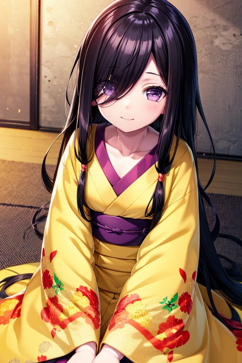 High detailed,  masterpiece,  best quality,  8K,  highres,  Han4bi_yng,  black hair,  very long hair,  purple eyes,  japanese clothes,  yellow clothes,  kimono,  hair over one eye,  wariza,<lora:EMS-179-EMS:0.500000>,<lora:EMS-300000-EMS:0.700000>