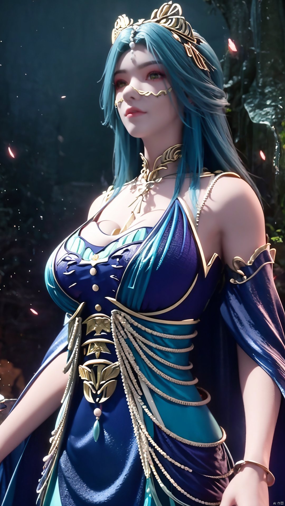 （masterpiece,best quality,official art）,extremely detailed CG unity 8k wallpaper,1girl, upper body, cyan hair, light rays, light particles, waterfall, tree, clover,,(big breasts:1.39),  ,Xfengqinger,Xxiyouqin,Xliushen,X-Hydrangea,Hydrangea,full moon,Xlongnv,veil