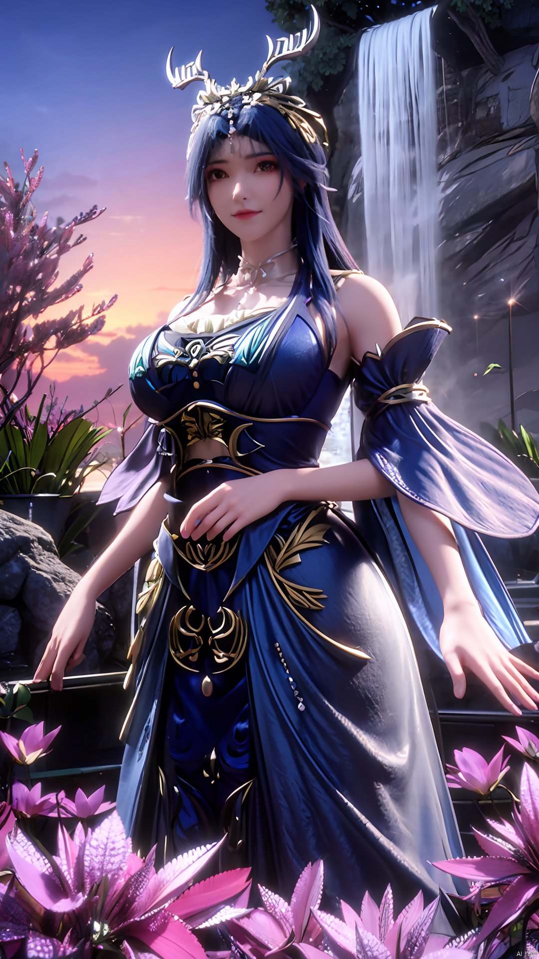 （masterpiece,best quality,official art),1girl, waterfall, tree,,(big breasts:1.29),Hydrangea,daytime,full moon,Xlongnv,veil,