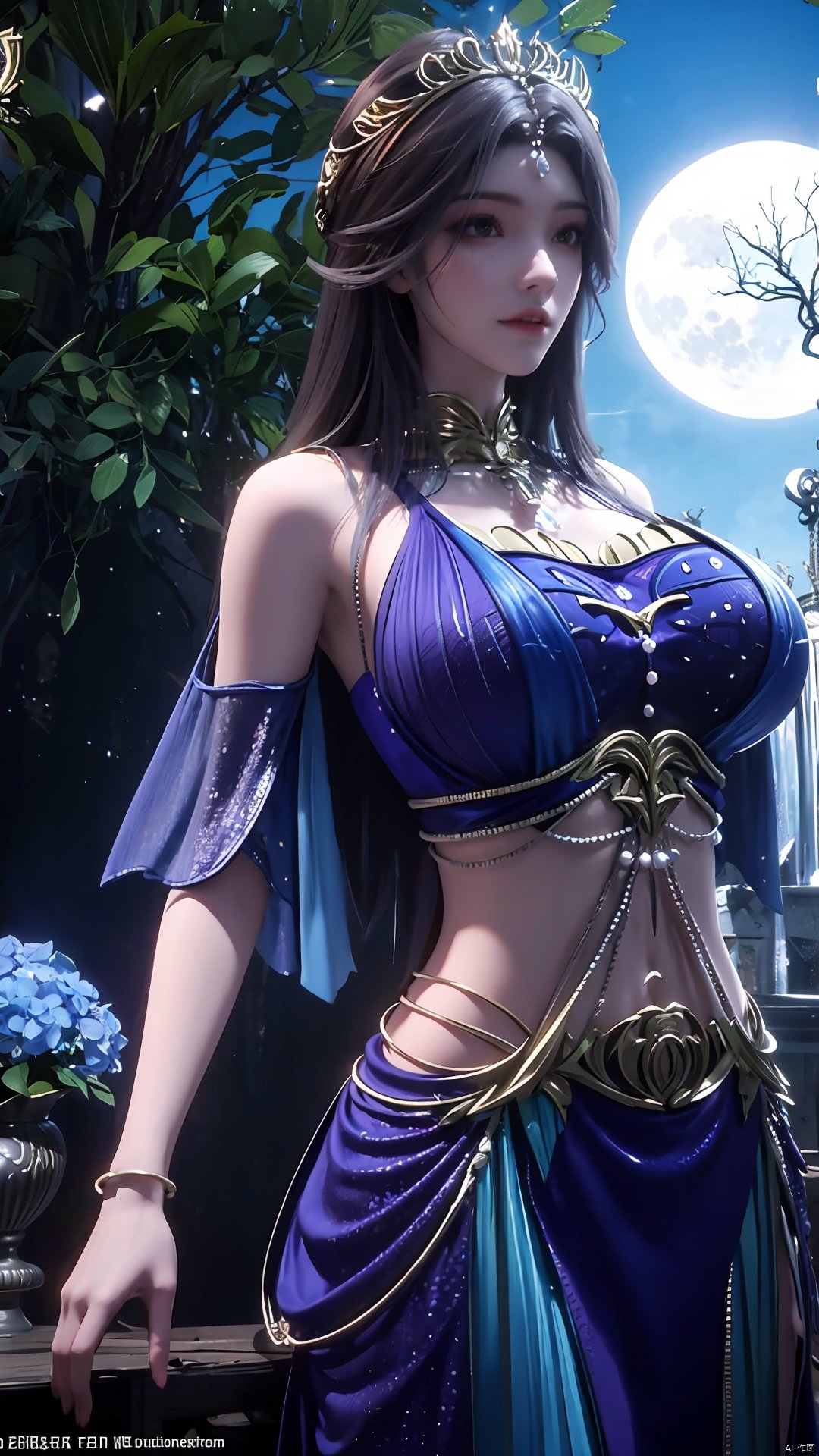 （masterpiece,best quality,official art),1girl, waterfall, tree,,(big breasts:1.29),Hydrangea,daytime,full moon,Xlongnv,veil,