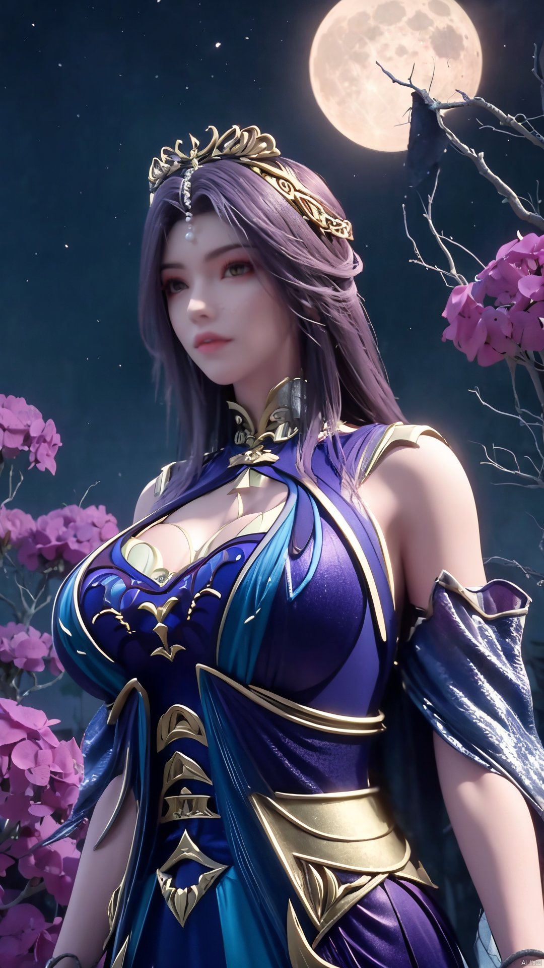 （masterpiece,best quality,official art）,extremely detailed CG unity 8k wallpaper,1girl, upper body, purple hair, light rays, light particles, waterfall, tree, clover,,(big breasts:1.39),  ,Xfengqinger,Xxiyouqin,Xliushen,X-Hydrangea,Hydrangea,full moon,Xlongnv