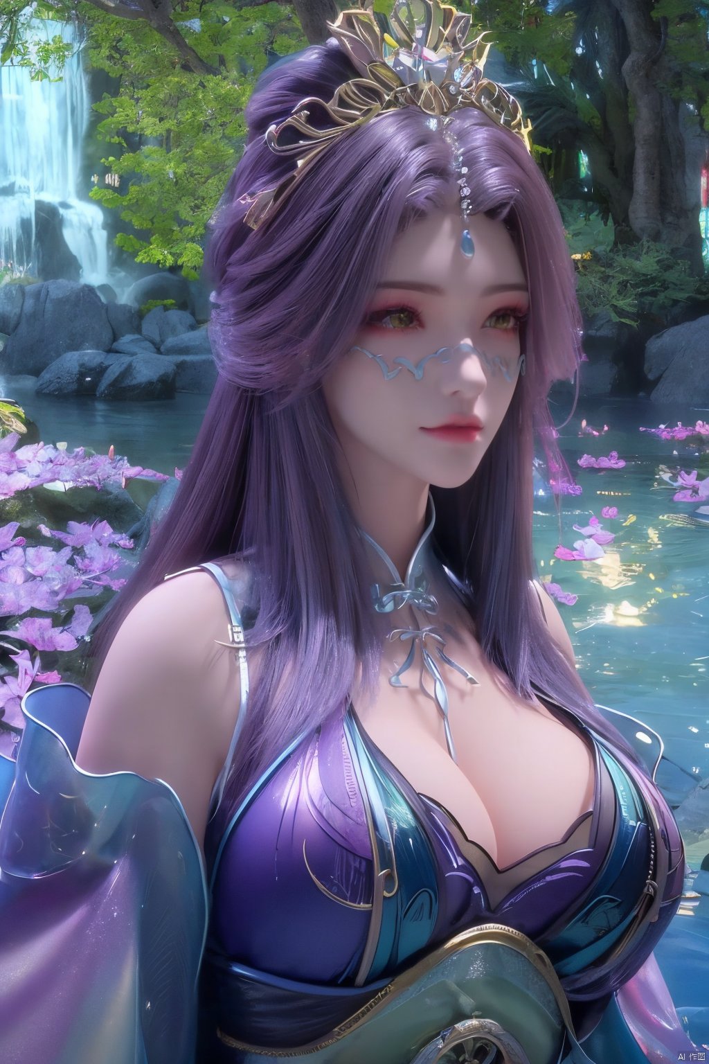 masterpiece,best quality,official art,extremely detailed CG unity 8k wallpaper,1girl, upper body, purple hair, light rays, light particles, waterfall, tree, clover,,(big breasts:1.59),  ,song_hanfu, New Chinese_Hanfu, traditional chinese ink painting, hanfu,ultra-detailed, Xlongnv,