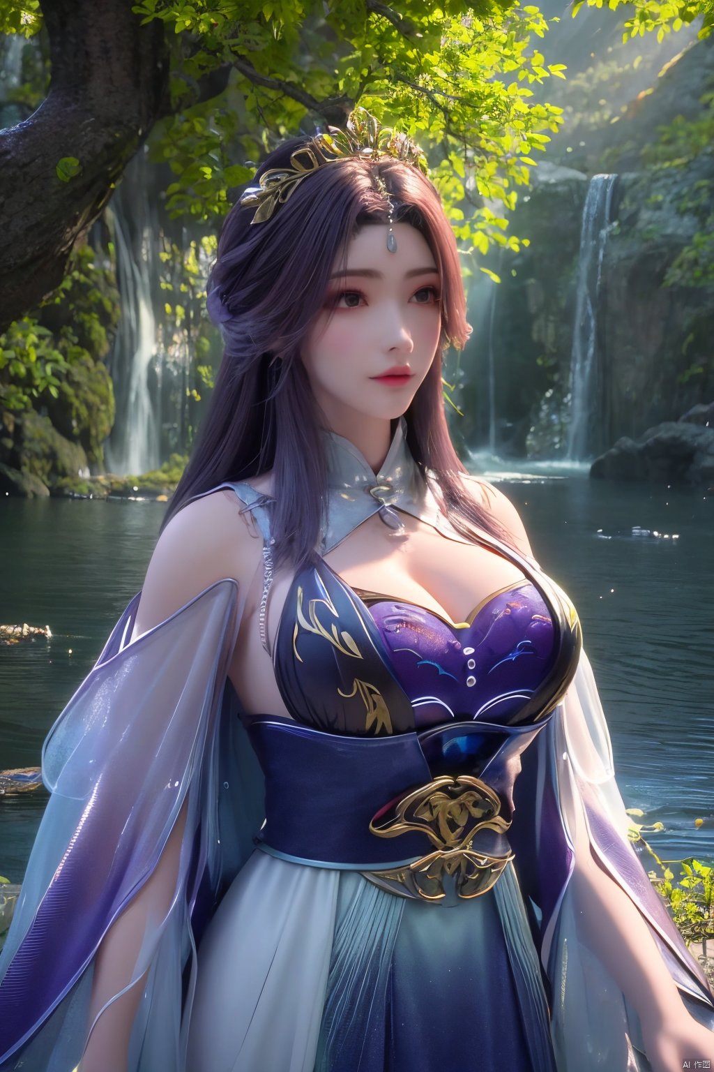 masterpiece,best quality,official art,extremely detailed CG unity 8k wallpaper,1girl, upper body, purple hair, light rays, light particles, waterfall, tree, clover,,(big breasts:1.59),  ,song_hanfu, New Chinese_Hanfu, traditional chinese ink painting, hanfu,ultra-detailed, Xlongnv,