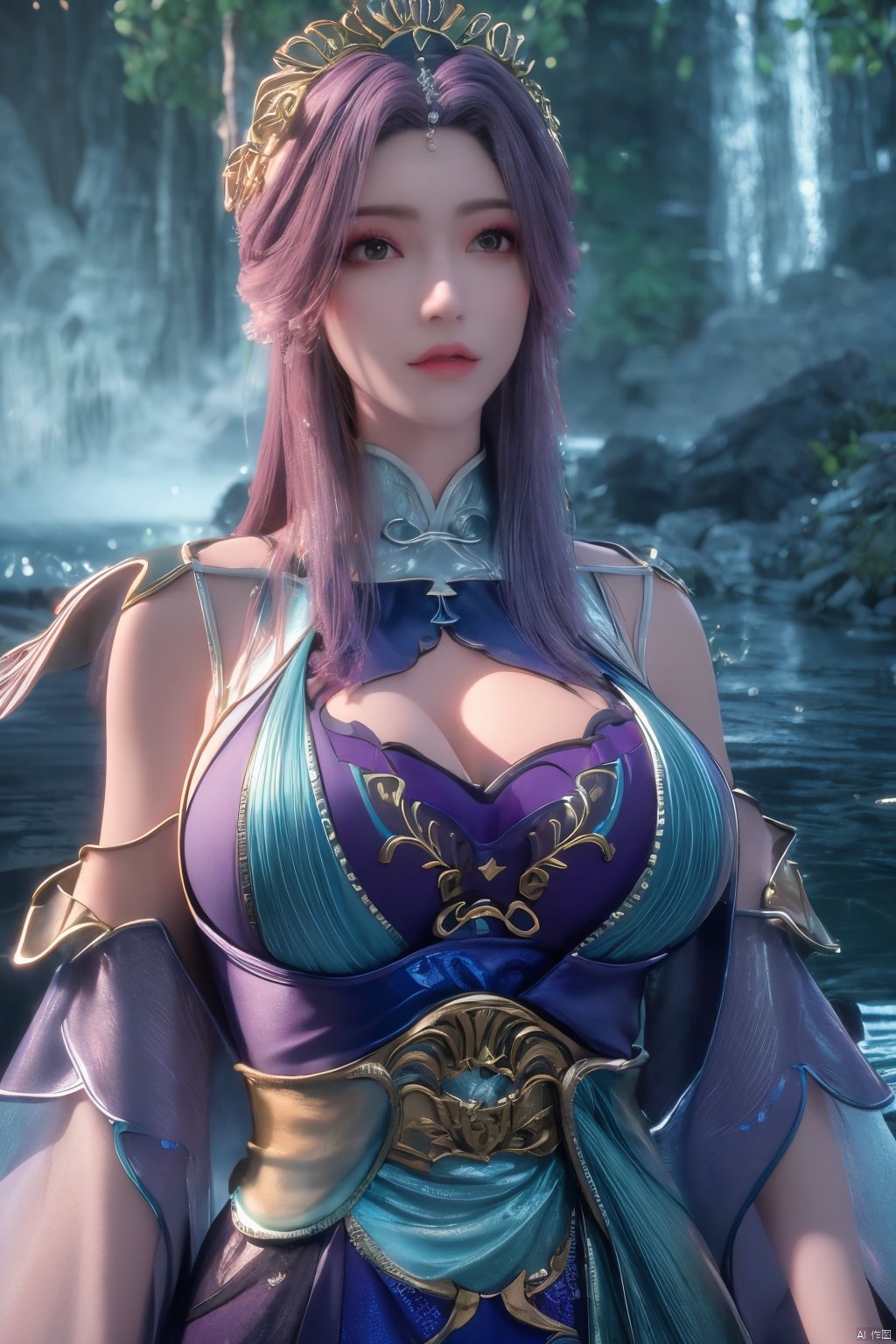 masterpiece,best quality,official art,extremely detailed CG unity 8k wallpaper,1girl, upper body, purple hair, light rays, light particles, waterfall, tree, clover,,(big breasts:1.59),  ,song_hanfu, New Chinese_Hanfu, traditional chinese ink painting, hanfu,ultra-detailed, Xlongnv,