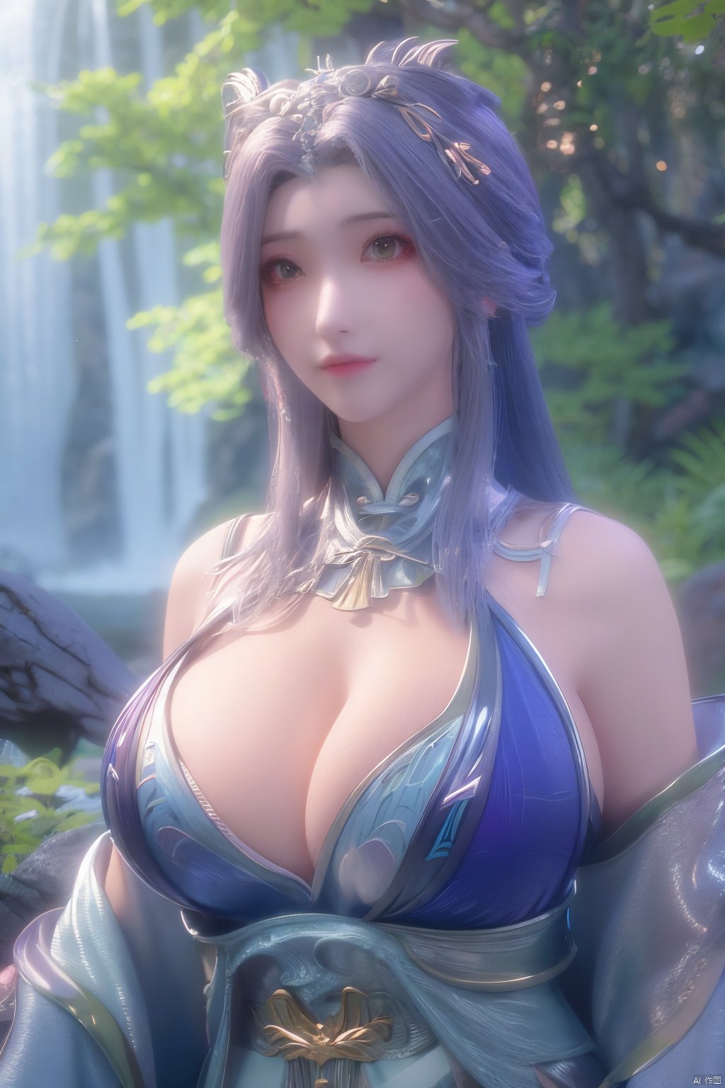 masterpiece,best quality,official art,extremely detailed CG unity 8k wallpaper,1girl, upper body, purple hair, light rays, light particles, waterfall, tree, clover,,(big breasts:1.59),  ,song_hanfu, New Chinese_Hanfu, traditional chinese ink painting, hanfu,ultra-detailed, Xlongnv,black and white ink painting