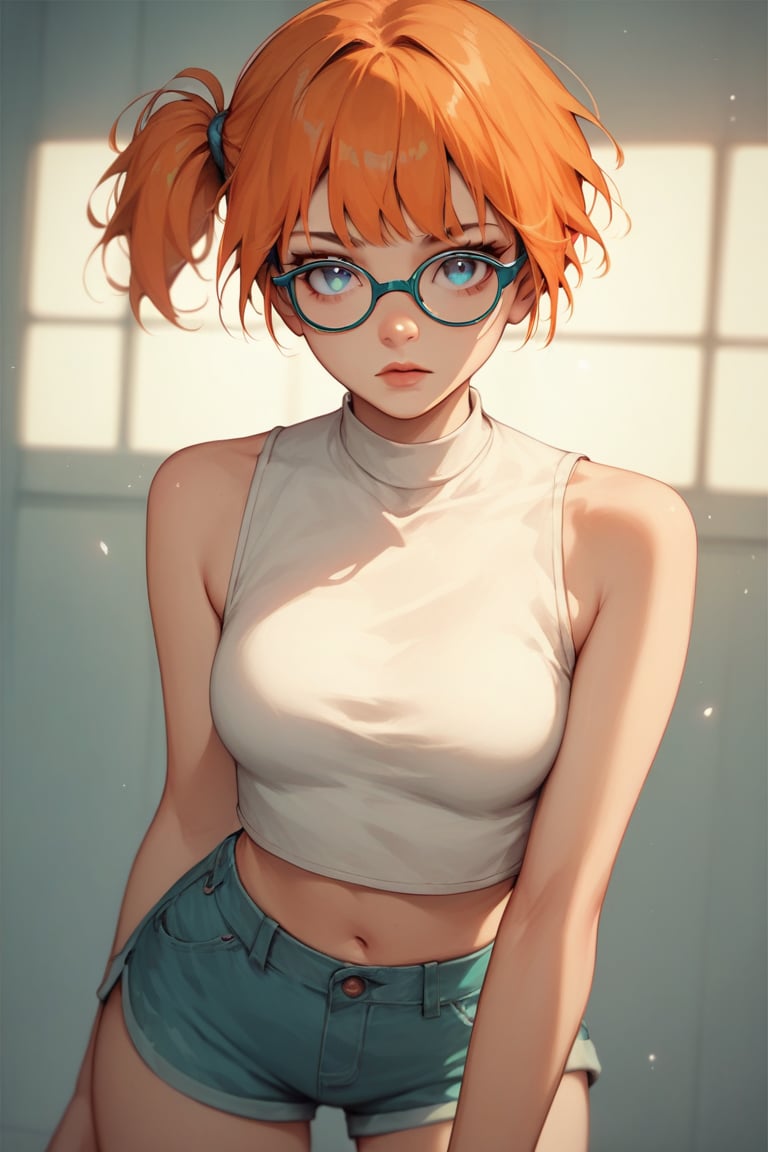 score_9, score_8_up, score_8,, (masterpiece, best quality), 1girl,  pkmnmisty, 1girl, solo, blue eyes, glasses, orange hair, short hair, side ponytail, bangs, hair tie,, white shirt, crop top, sleeveless, short shorts, perfect boobs, , score_7_up