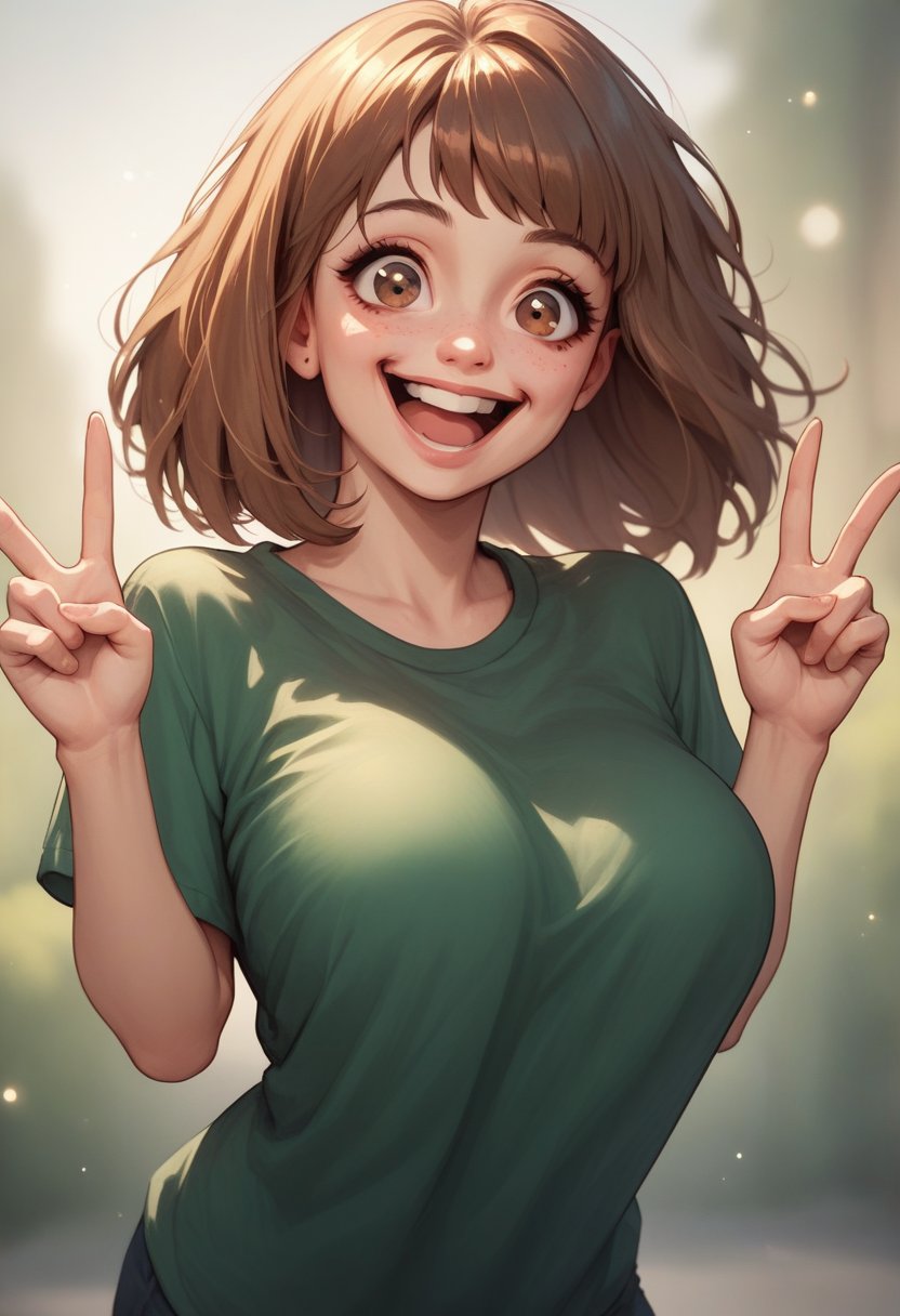 score_9, score_8_up, score_7_up,1girl, cute, excited, pale skin, brown eyes, smiling, green tshirt, big breasts, shiny, v