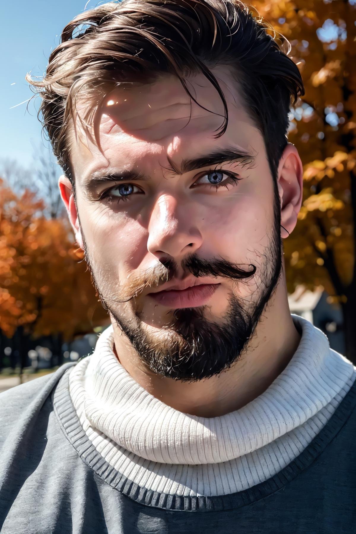 ((masterpiece)), ((best quality)), (ultra-detailed), absurdres, extremely detailed CG unity 8k wallpaper, RAW photo, wide shot, professional photo, closeup portrait, beautiful face, expressive eyes, looking at viewer, solo, outdoors, autumn, scenery, dramatic lighting,  (1boy, mature male, facial hair:1.4),  (sweater:1.3),  ,  ((masterpiece)),  absurdres,  HDR, <lora:GoodHands-vanilla:1.0>