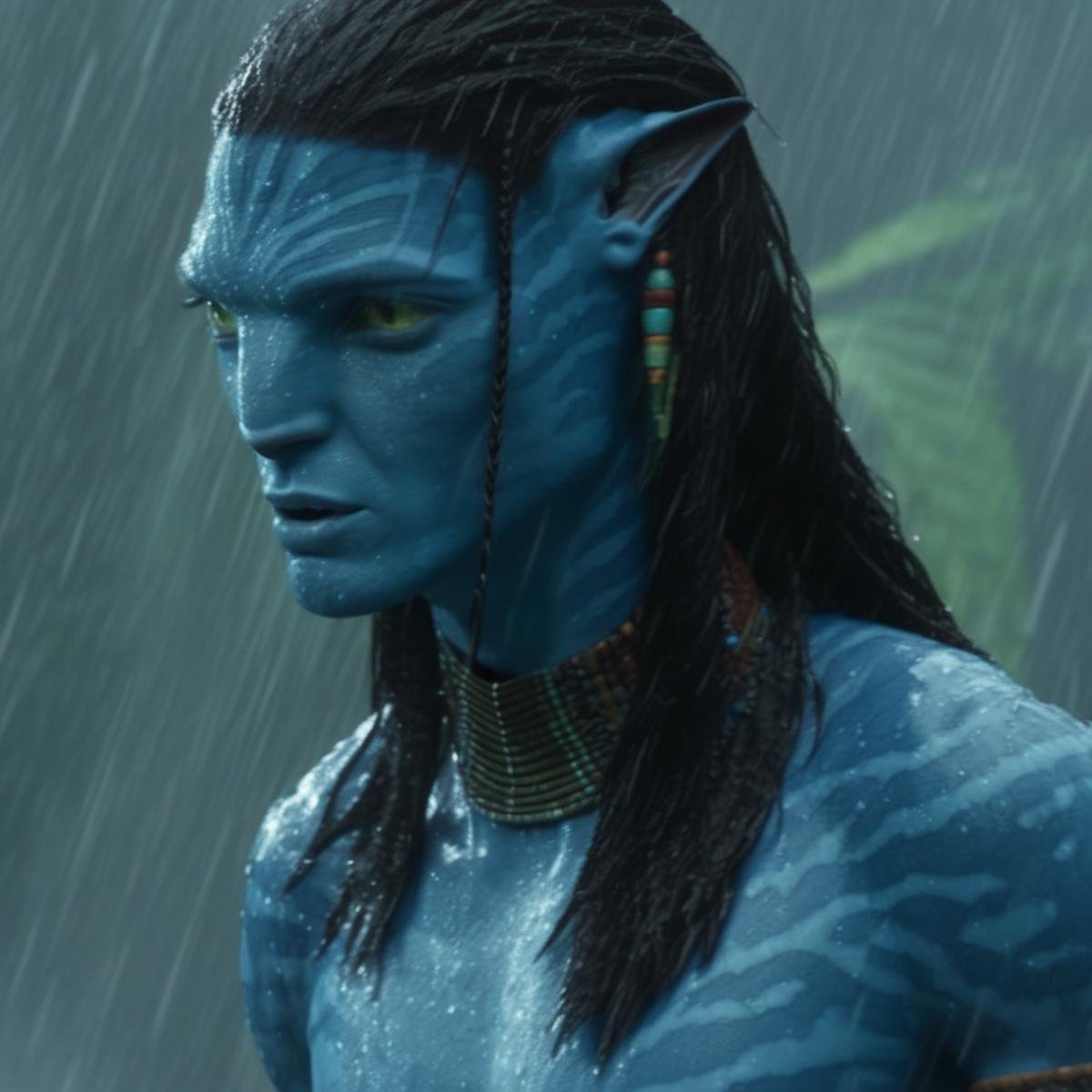 Neteyam, na’vi, alien, blue skin, freckles, black hair, tribal jewelry, male, in the rainy jungle, wet, serious face, upper body, tail, realistic_eyes, skin details, extreme details, HD resolution, movie scene, movie still