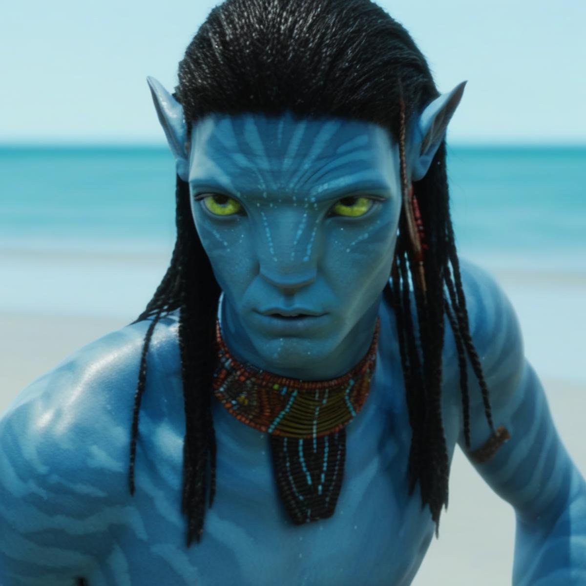 Neteyam, na’vi, alien, blue skin, freckles, black hair, tribal jewelry, male, on the beach, serious face, realistic_eyes, skin details, extreme details, HDR, 4k quality, perfect, movie scene, movie still