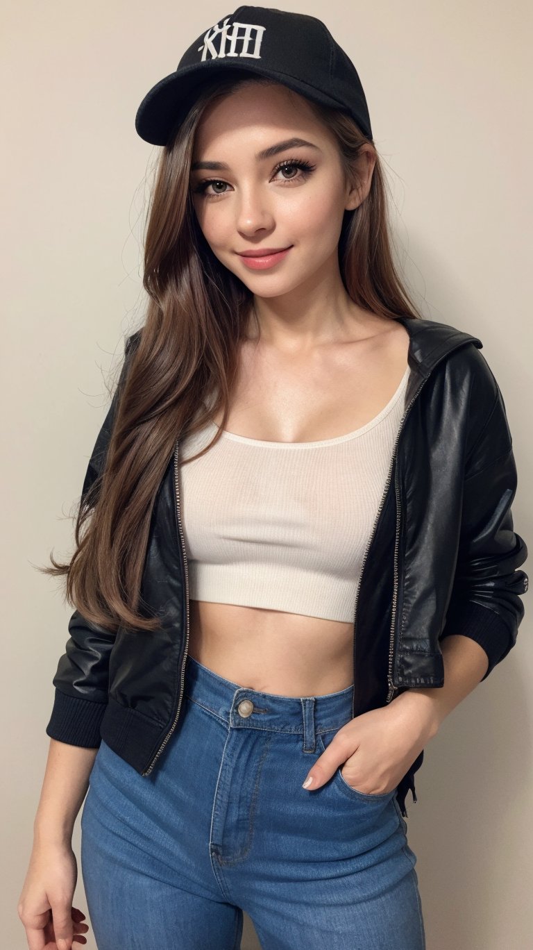 4k,best quality,masterpiece,20yo 1girl,(cropped jacket),(demin pant), alluring smile,baseball cap,

(Beautiful and detailed eyes),
Detailed face, detailed eyes, double eyelids ,thin face, real hands, muscular fit body, semi visible abs, ((short hair with long locks:1.2)), black hair, black background,


real person, color splash style photo,
