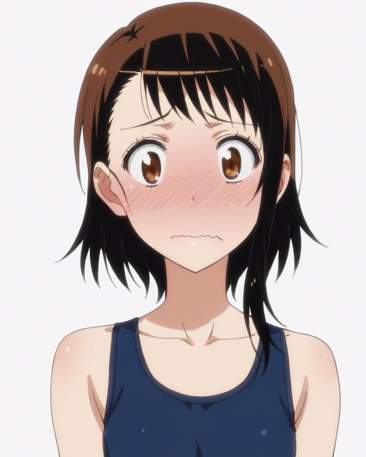 score_9, score_8_up, score_7_up, best quality, masterpiece, anime, anime screencap, anime coloring, looking at viewer, 1girl, solo, portrait, (simple background, solid white background:1.3), <lora:kosaki-nisekoi:0.8>, kosaki onodera, school swimsuit, collarbone, wavy mouth, embarrassed, blush, 