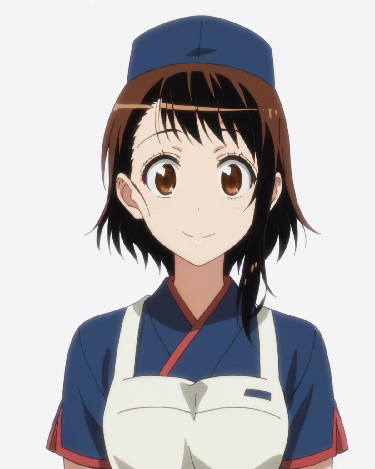 score_9, score_8_up, score_7_up, best quality, masterpiece, anime, anime screencap, anime coloring, looking at viewer, 1girl, solo, upper body, (simple background, solid white background:1.3), <lora:kosaki-nisekoi:0.8>, kosaki onodera, japanese clothes, blue dress, short sleeves, apron, small hat, smile, :d