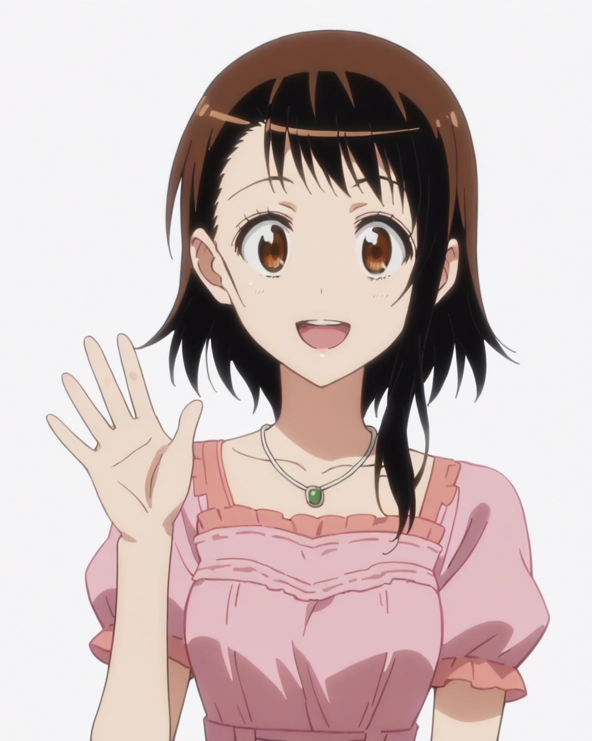 score_9, score_8_up, score_7_up, best quality, masterpiece, anime, anime screencap, anime coloring, looking at viewer, 1girl, solo, portrait, (simple background, solid white background:1.3), <lora:kosaki-nisekoi:0.8>, kosaki onodera, pink dress, necklace, collarbone, waving, smile, :d, open mouth