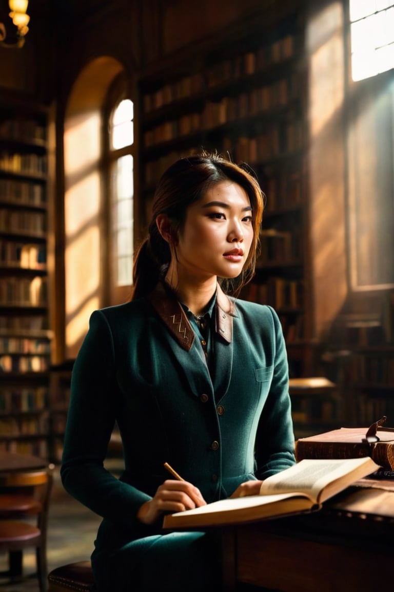 HQ photography, closeup portrait, sharp focus, bokeh background, high contrast, In a serene, cinematic setting, a lovely, young woman, reminiscent of Angeline, sits in an antique university library, looking at the book, Degas-like attention to detail captures every curl and curve of her body. In the background, an antique library full of books and ladders is bathed by the afternoon sun rays, creating a sense of depth and atmosphere. The overall effect is stunning, with cinematic flair, masterpiece, shines brightly on ArtStation, trending for all to admire.,dark academia outfit, brown teal color palette, Rembrandt Lighting Style,darkacademia,photorealistic,tweed blazer, collar shirt, beret,Kodak Motion Picture Film Style, ohwx woman, ohwx, ,grace park woman