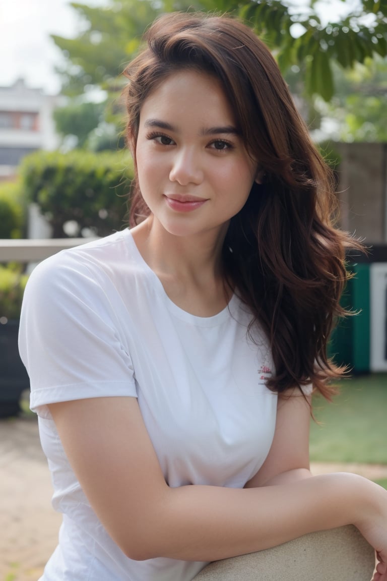 A woman posing casually outdoors, wearing a faded tennis-themed T-shirt, perhaps with a relaxed smile and her hair styled in loose waves.(Best quality, 8k, 32k, raw photo, photorealistic, UHD:1.2),lifelike rendering, (upper body portrait:1.2), Photo of Beautiful Korean woman, 1girl, 24yo, stunning, (medium brown wavy hair), double eyelids, detailed facial. She stands against a blurred background of lush greenery or cityscape, her feet planted firmly on the ground as if ready to take on the day.