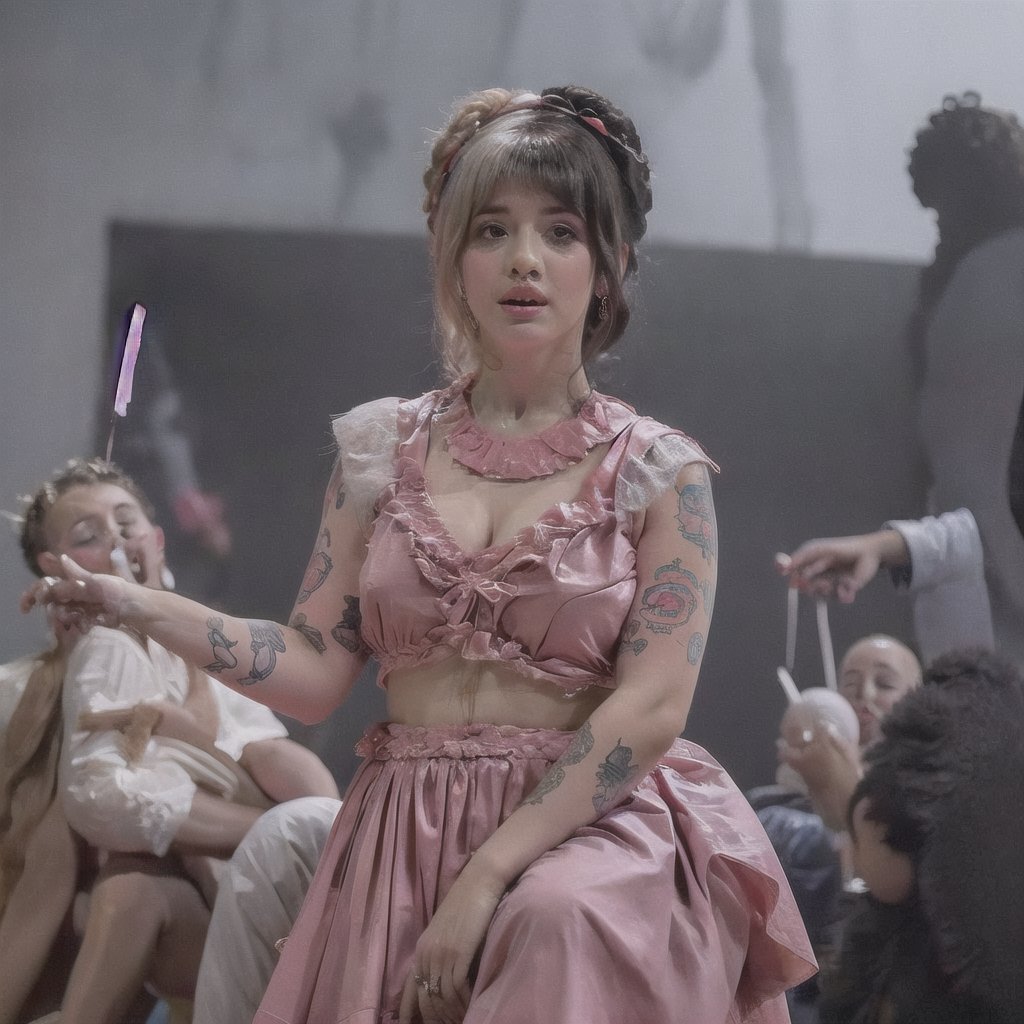 a girl solo,using a pink dress with bows,in a dark place