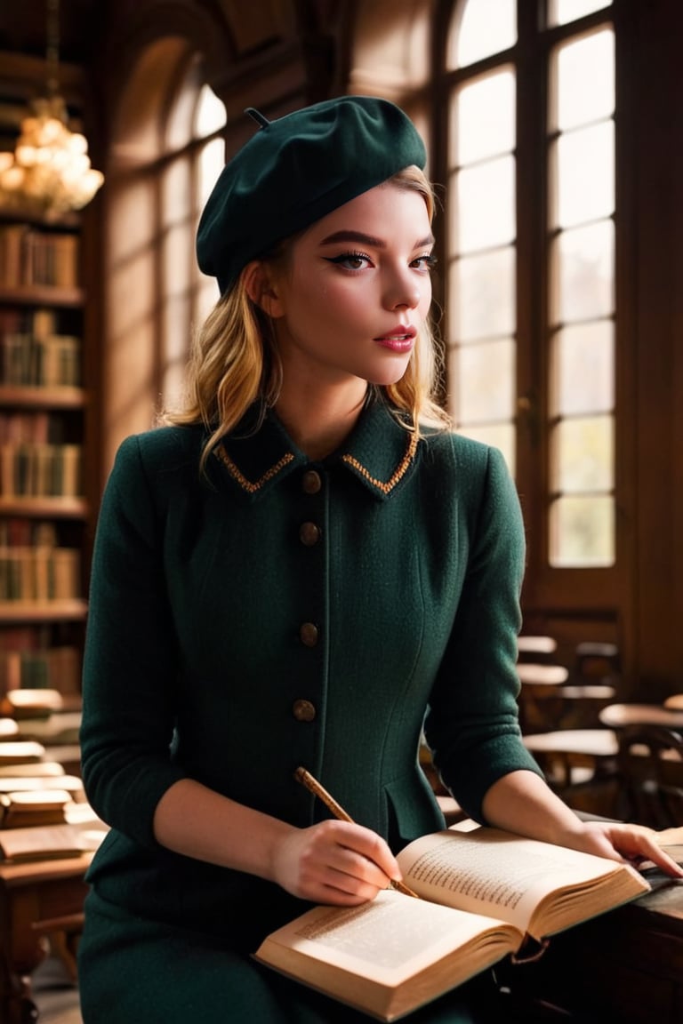 HQ photography, closeup portrait, sharp focus, bokeh background, high contrast, In a serene, cinematic setting, a lovely, young woman, reminiscent of Angeline, sits in an antique university library, looking at the book, Degas-like attention to detail captures every curl and curve of her body. In the background, an antique library full of books and ladders is bathed by the afternoon sun rays, creating a sense of depth and atmosphere. The overall effect is stunning, with cinematic flair, masterpiece, shines brightly on ArtStation, trending for all to admire.,dark academia outfit, brown teal color palette, Rembrandt Lighting Style,darkacademia,photorealistic,tweed blazer, collar shirt, beret,Kodak Motion Picture Film Style, ohwx woman, ohwx, , Anya Taylor Joy