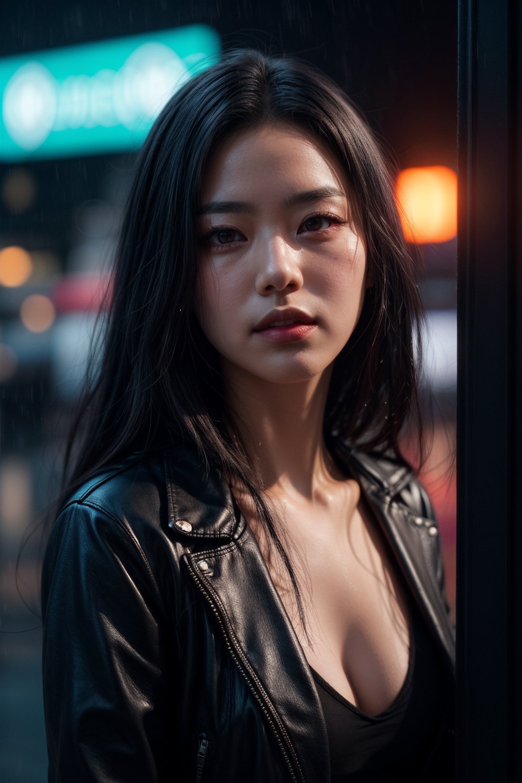 sdmai, wuye, Midnight, blurred figures, neon lights, , 1girl, rain, solo, black hair, cyberpunk, blurry, lips, english text, parted lips, reflection
 