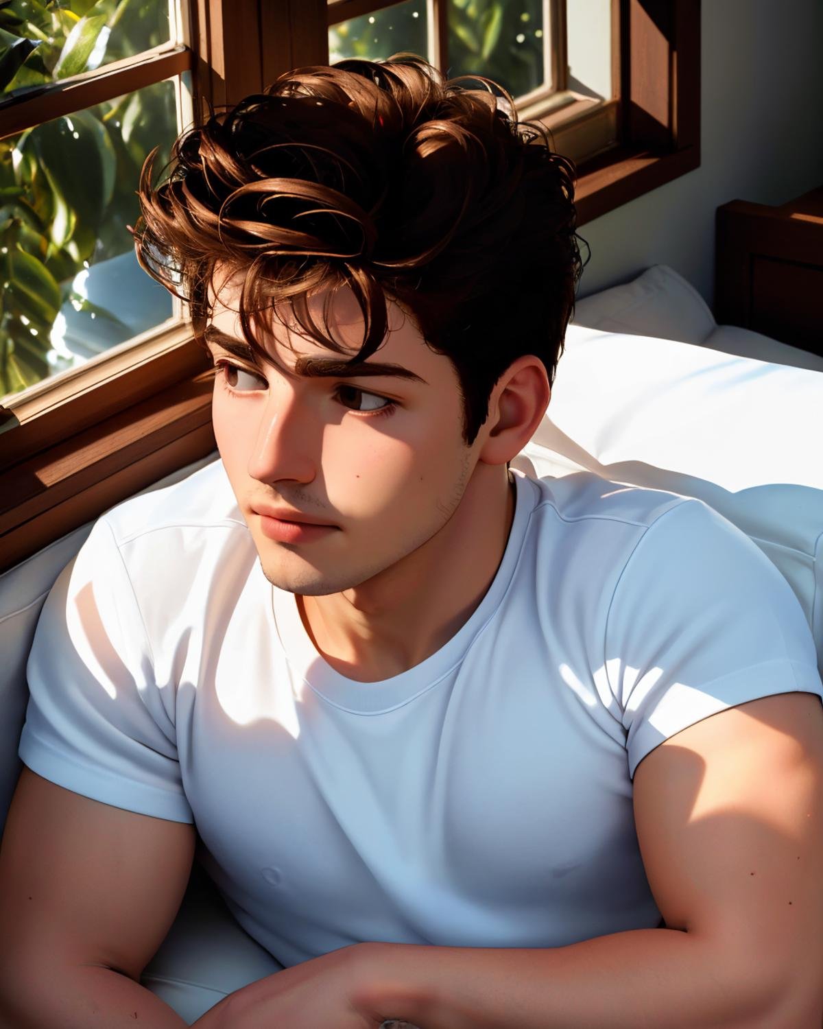 masterpiece, 8k hd raw extreme close up photo of greggs <lora:greggs-v1:0.9>,  serious look, white tshirt, laying on bed, head on pillow, sun coming through the window, the reflecting light on his eyes, best quality, highly detailed, ultra-detailed