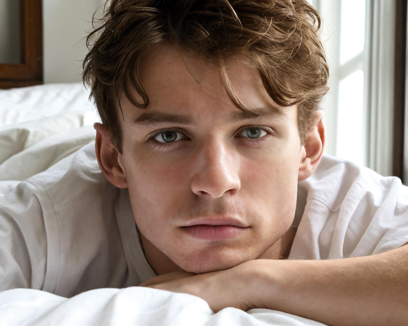 masterpiece, 8k hd raw extreme close up photo of thomasd <lora:thomasd-v1:0.9>, messy hair, serious look, white tshirt, laying on bed, head on pillow, sun coming through the window, the reflecting light on his eyes, best quality,highly detailed,ultra-detailed