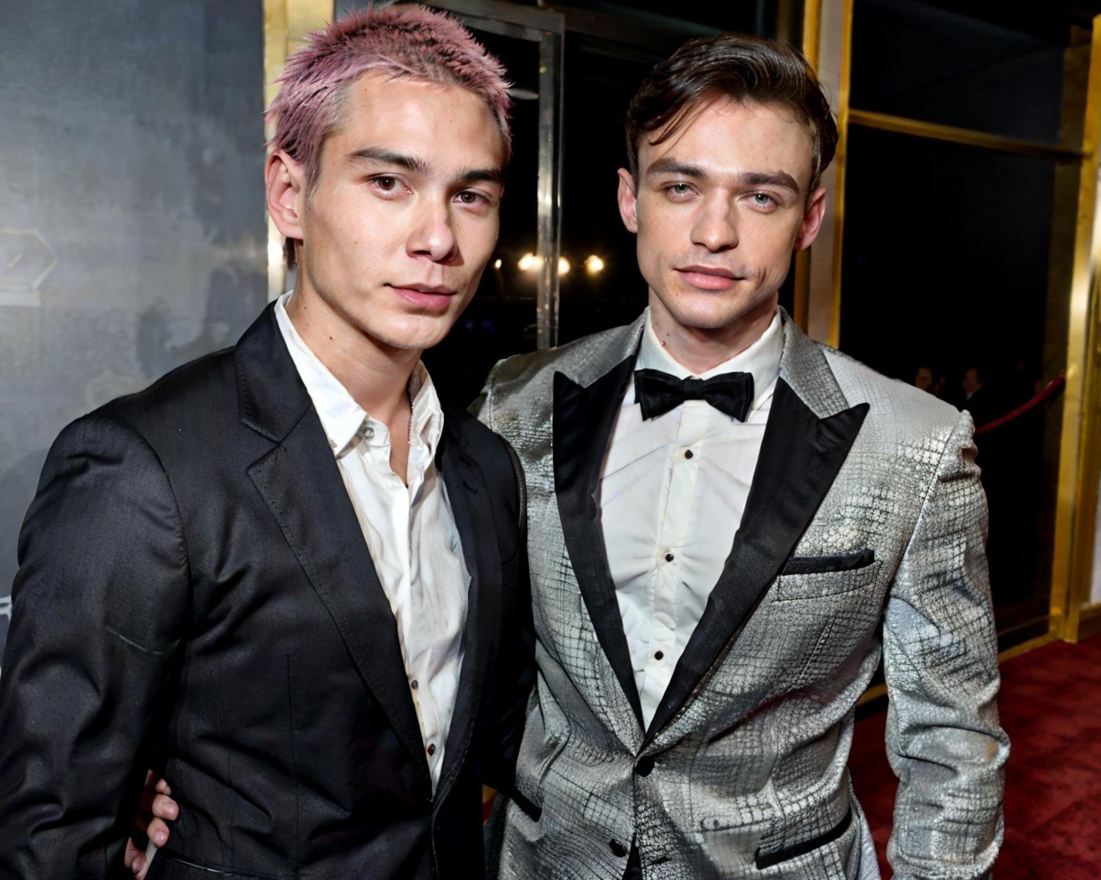 masterpiece, 8k hd raw photo of 2 men next to each other , best quality, highly detailed, ultra-detailed, , upper body, red carpet event, candid, fun, happy, look at camera, BREAK evanmock <lora:evanmock-v1:0.7>, white suit, pink hairBREAK thomasd <lora:thomasd-v1:0.7>, black suit