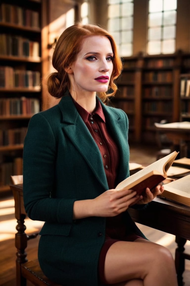 HQ photography, closeup portrait, sharp focus, bokeh background, high contrast, In a serene, cinematic setting, a lovely, young woman, reminiscent of Angeline, sits in an antique university library, looking at the book, Degas-like attention to detail captures every curl and curve of her body. In the background, an antique library full of books and ladders is bathed by the afternoon sun rays, creating a sense of depth and atmosphere. The overall effect is stunning, with cinematic flair, masterpiece, shines brightly on ArtStation, trending for all to admire.,dark academia outfit, brown teal color palette, Rembrandt Lighting Style,darkacademia,photorealistic,tweed blazer, collar shirt, beret,Kodak Motion Picture Film Style, ohwx woman, ohwx, , Jessica Chastain