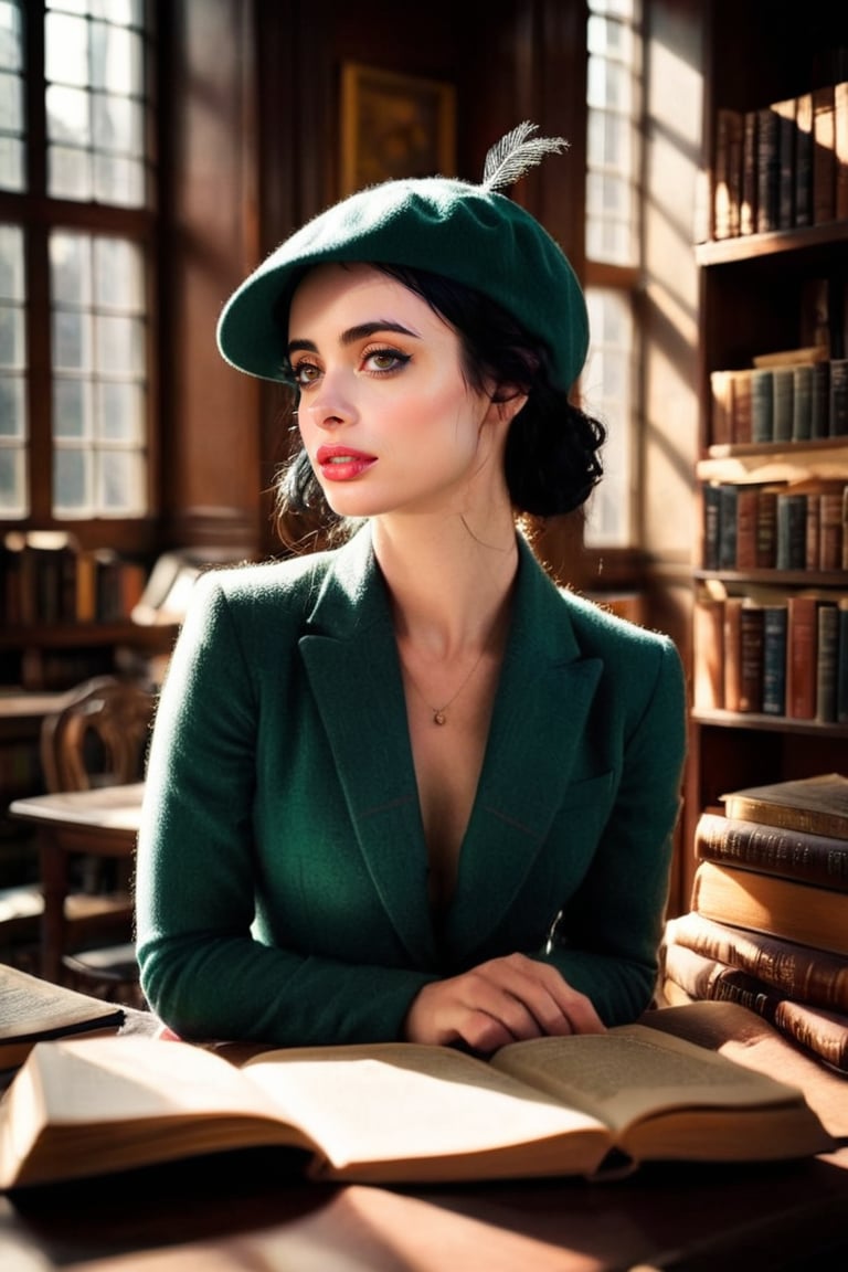 HQ photography, closeup portrait, sharp focus, bokeh background, high contrast, In a serene, cinematic setting, a lovely, young woman, reminiscent of Angeline, sits in an antique university library, looking at the book, Degas-like attention to detail captures every curl and curve of her body. In the background, an antique library full of books and ladders is bathed by the afternoon sun rays, creating a sense of depth and atmosphere. The overall effect is stunning, with cinematic flair, masterpiece, shines brightly on ArtStation, trending for all to admire.,dark academia outfit, brown teal color palette, Rembrandt Lighting Style,darkacademia,photorealistic,tweed blazer, collar shirt, beret,Kodak Motion Picture Film Style, ohwx woman, ohwx, , Krysten Ritter