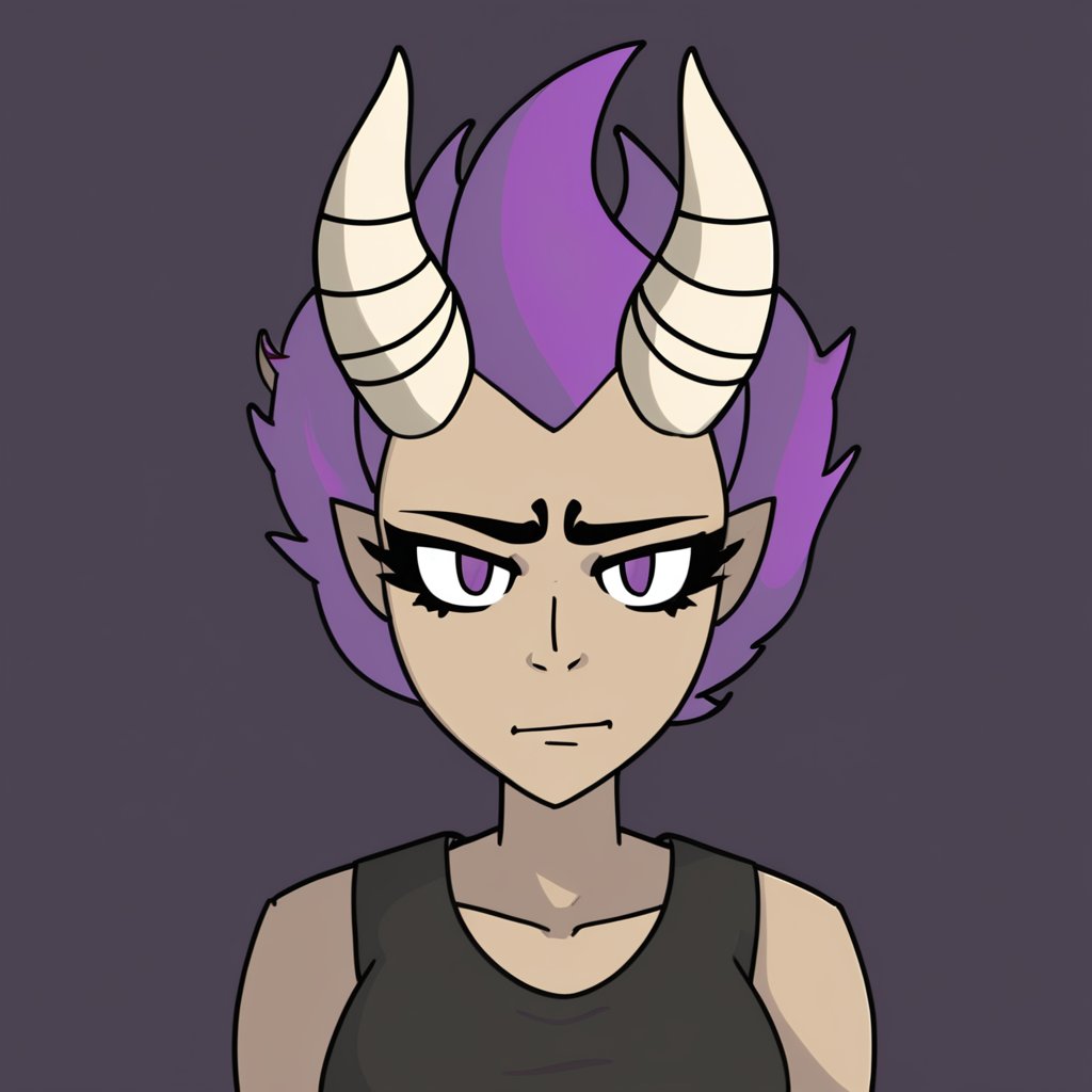 t5ua, a girl with an purple mohawk, steampunk shirt, thick eyebrows, animal large horns, solid black background