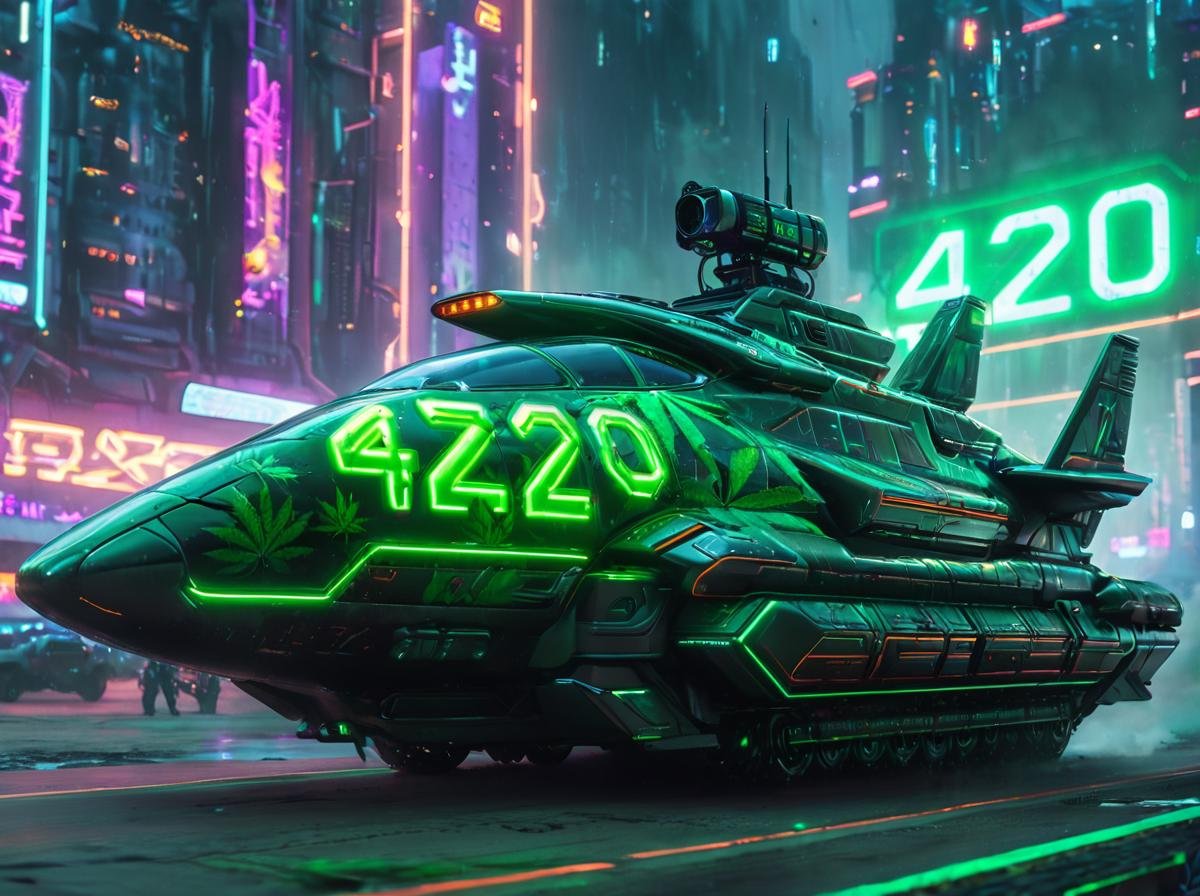 masterpiece,high quality,420futurism,    <lora:420FuturismXL:0.8>spacecraft,from behind, vehicle focus, , aircraft, cloud, no humans, military, flying, military vehicle, "420" text,futuristic,cyberpunk.neon light