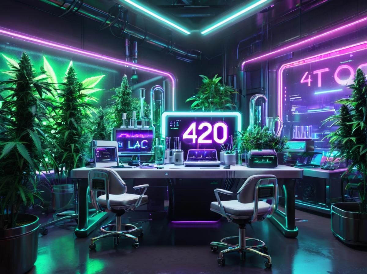 masterpiece,high quality,420futurism,    <lora:420FuturismXL:0.8>,lab, no humans, scenery, plant, chair, monitor, indoors, table, computer, tree, window, "420" text,futuristic,cyberpunk.neon light