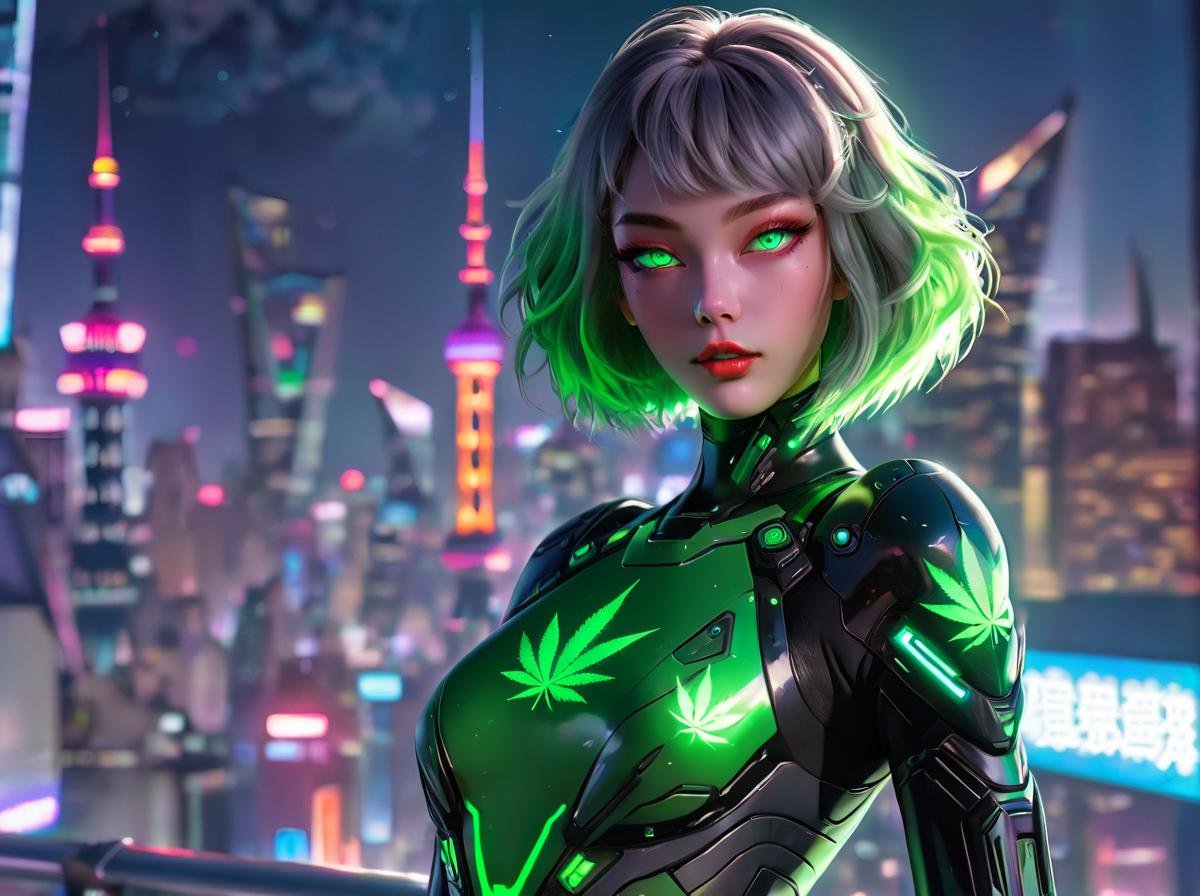 masterpiece,high quality, 420futurism, <lora:420FuturismXL:0.8> hemp clothing, 1girl, solo, female focus,green glow hair,green glow eyes, looking at viewer, bodysuit, city lights, parted lips