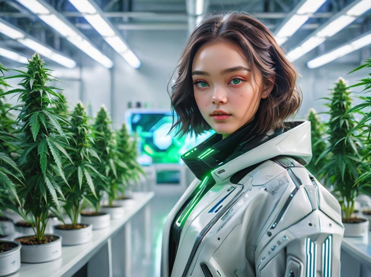 masterpiece,high quality,420futurism,    <lora:420FuturismXL:0.8>1girl,,close up,solo,female focus,looking at viewer, coat,futuristic, lab backround, indoors, plant,