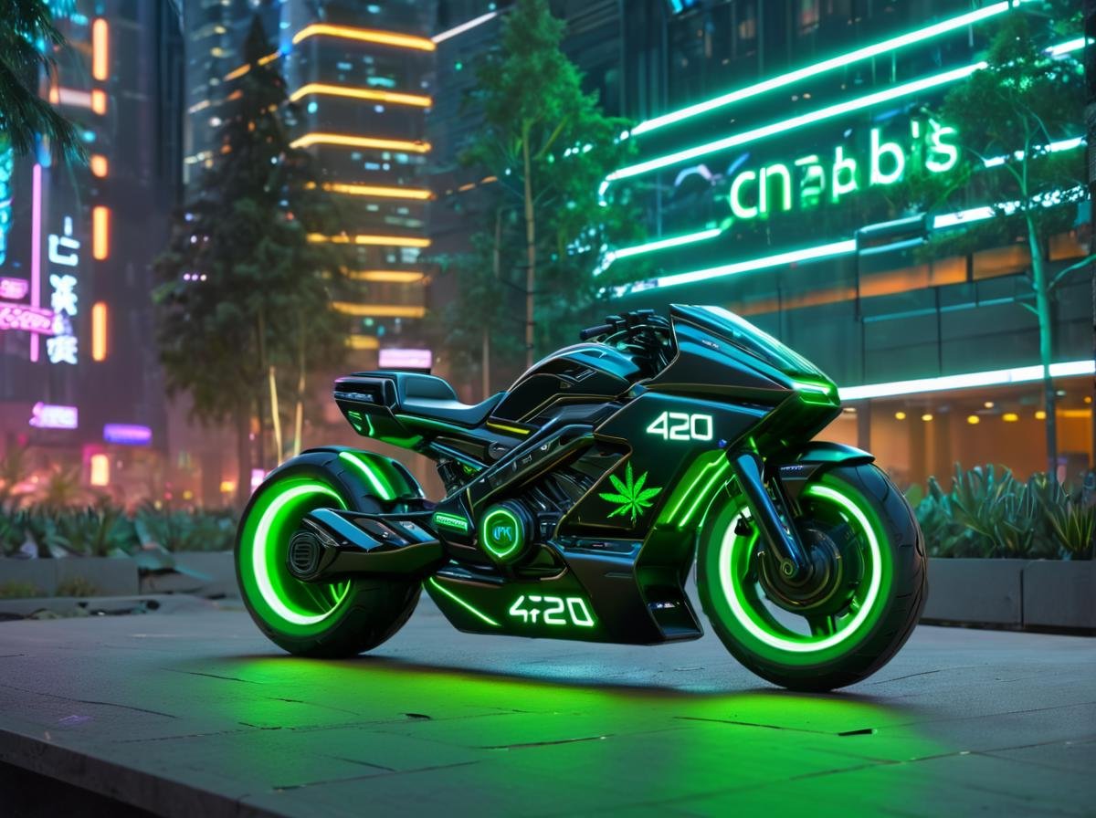 masterpiece,high quality,420futurism,    <lora:420FuturismXL:0.8>motorbike, no humans, ground vehicle, , motor vehicle, scenery, outdoors, building, vehicle focus, night, tree, "420" text,futuristic,cyberpunk.neon glow  on motorbike