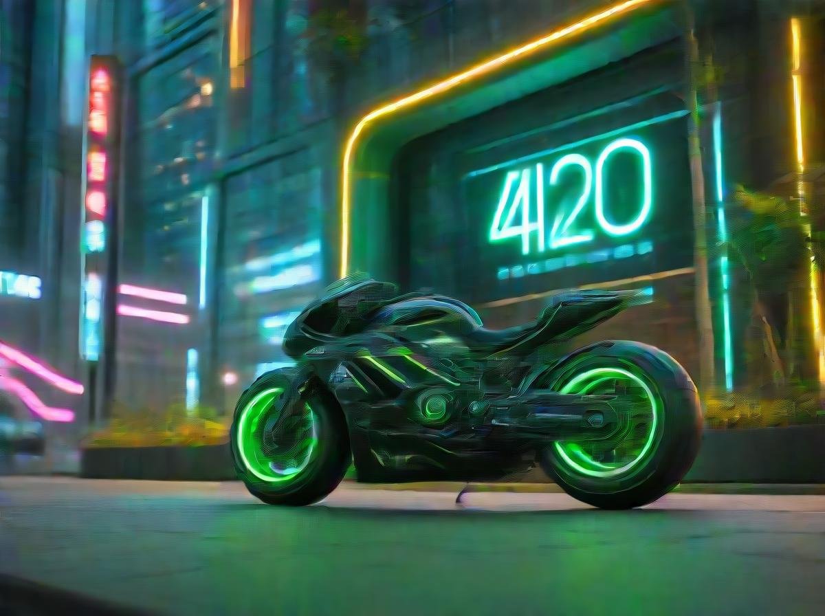 masterpiece,high quality,420futurism,    <lora:420FuturismXL:0.8>motorbike, no humans, ground vehicle, , motor vehicle, scenery, outdoors, building, vehicle focus, night, tree, "420" text,futuristic,cyberpunk.neon light