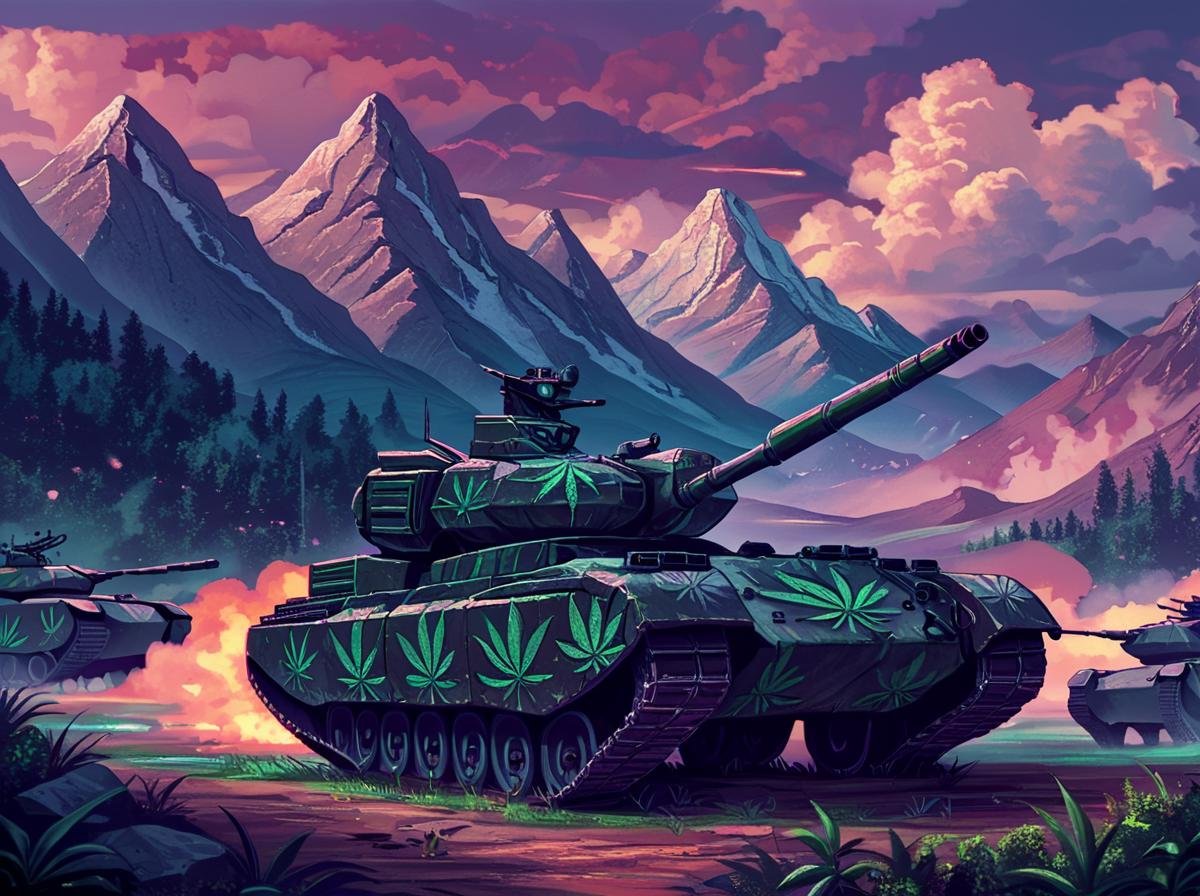 score_9, score_8_up, score_7_up,score_6_up, score_5_up, score_4_up,  source_anime BREAK420futurism,   <lora:420FuturismPony:1>battle tank, ground vehicle, military vehicle, tank, military, vehicle focus, no humans, mountain, cloud, sky