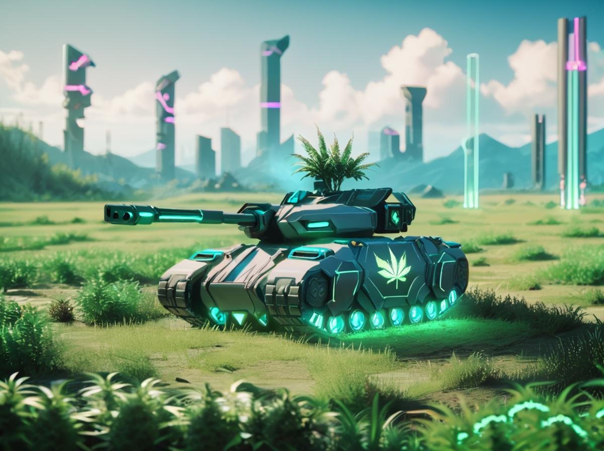 score_9, score_8_up, score_7_up,score_6_up, score_5_up, score_4_up,  source_anime BREAK420futurism,   <lora:420FuturismPony:1>battle tank,glow,scenery backround,field,plant,futuristic,cyberpunk