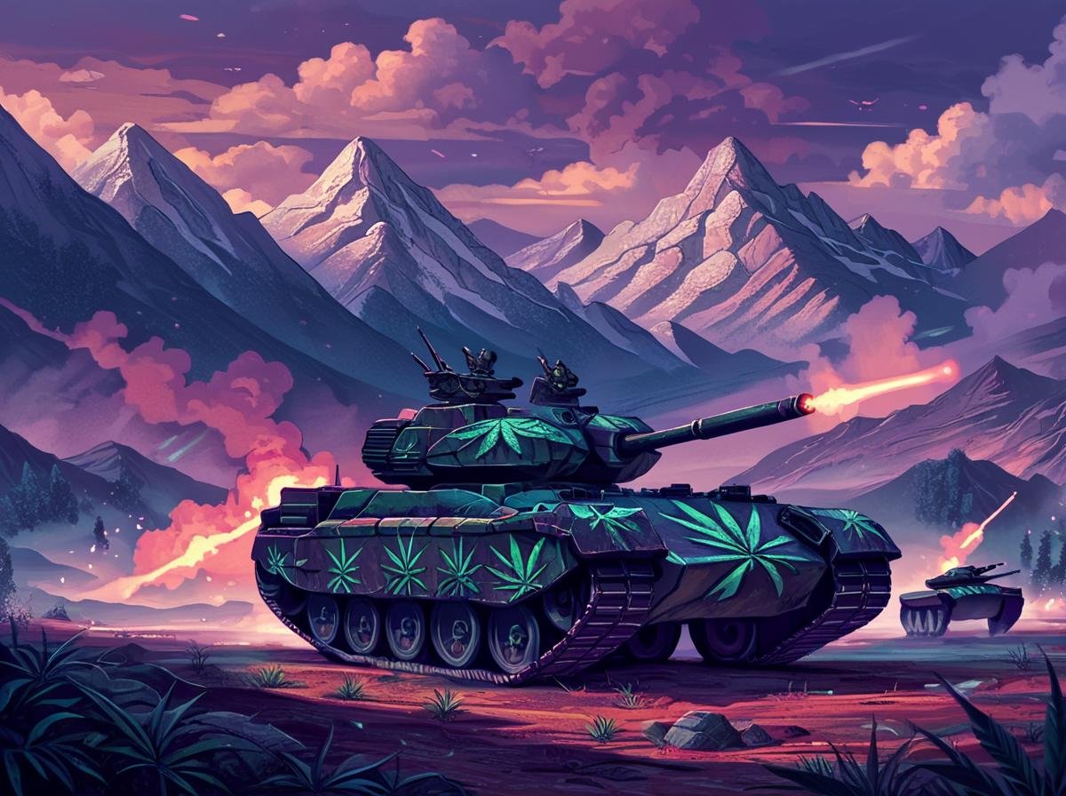 score_9, score_8_up, score_7_up,score_6_up, score_5_up, score_4_up,  source_anime BREAK420futurism,   <lora:420FuturismPony:1>battle tank, ground vehicle, military vehicle, tank, military, vehicle focus, no humans, mountain, cloud, sky