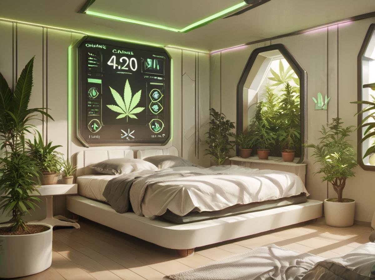 score_9, score_8_up, score_7_up,score_6_up, score_5_up, score_4_up,  source_anime BREAK420futurism, <lora:420Futurism_r1:0.8>, no humans, scenery, plant, indoors, bed, tree, potted plant, pillow, 